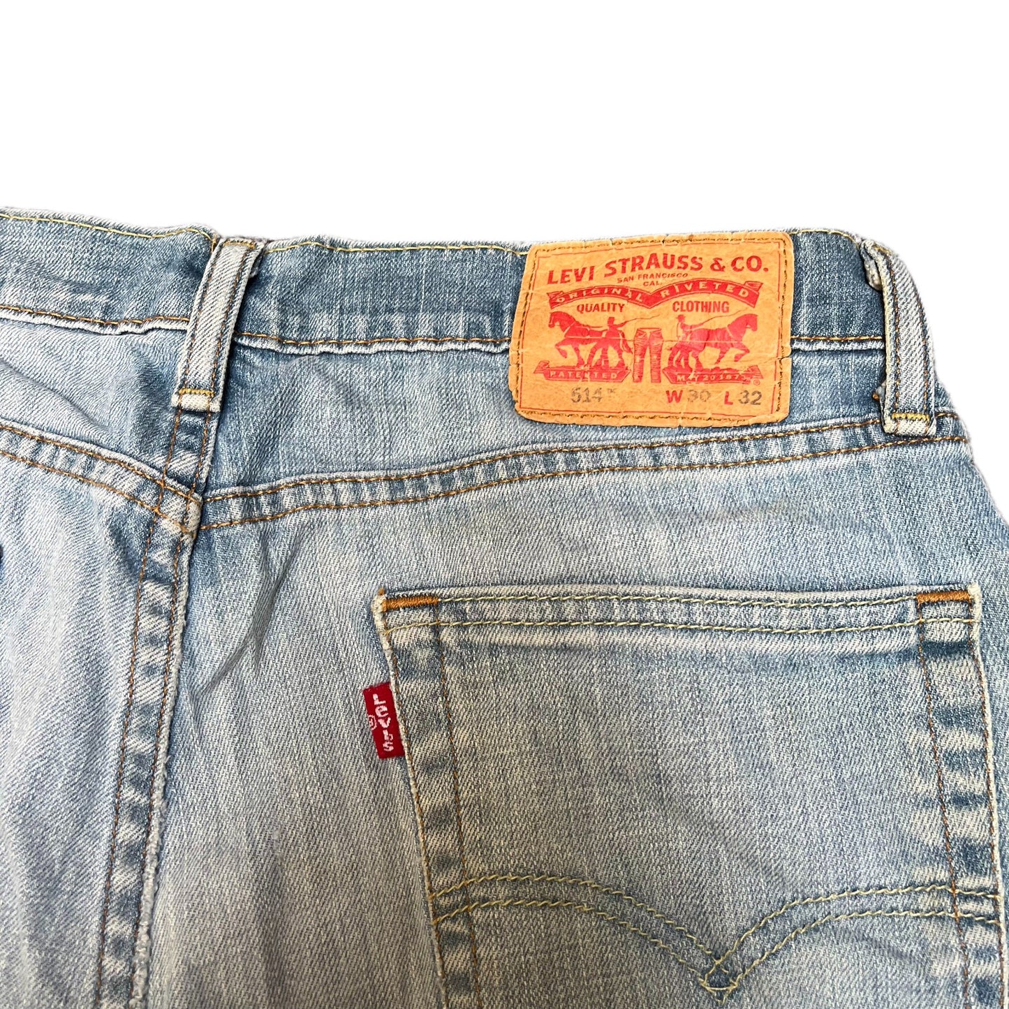 Levi's 514 Bermuda Shorts Fits as Mens Small 30" Waist Blue Denim Faded Red Tab