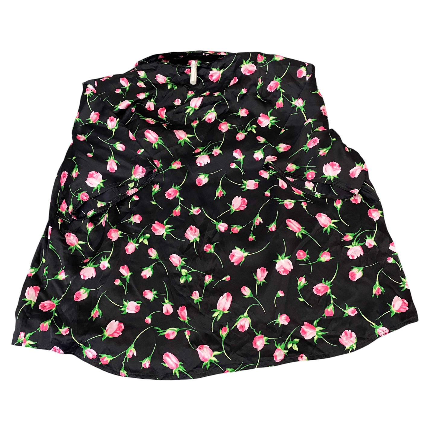 Shirt Top Womens XL Black Pink Floral Satin Casual Short Sleeve Button Front