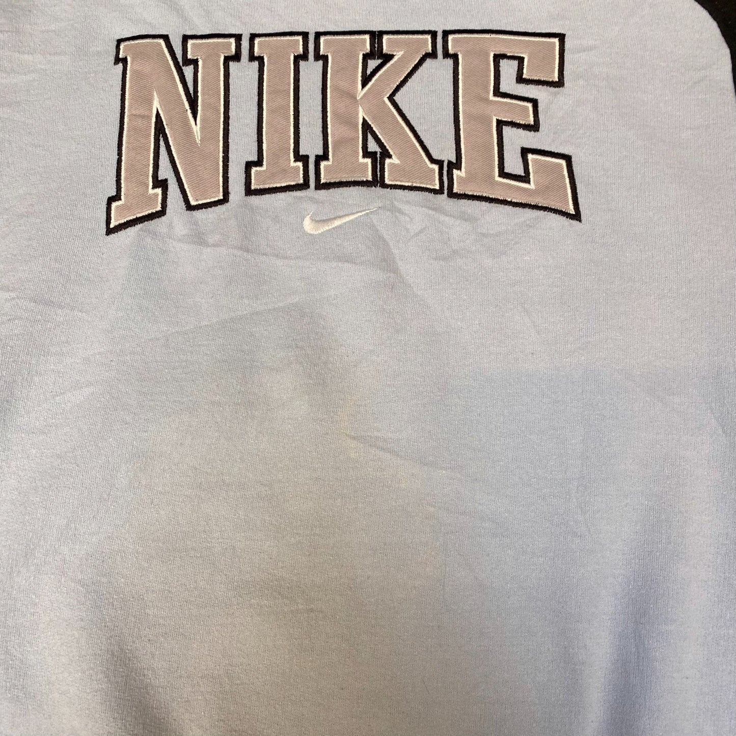 Nike Reworked Sweatshirt Mens M Blue Black Embroidered Spellout Logo Vintage Y2K
