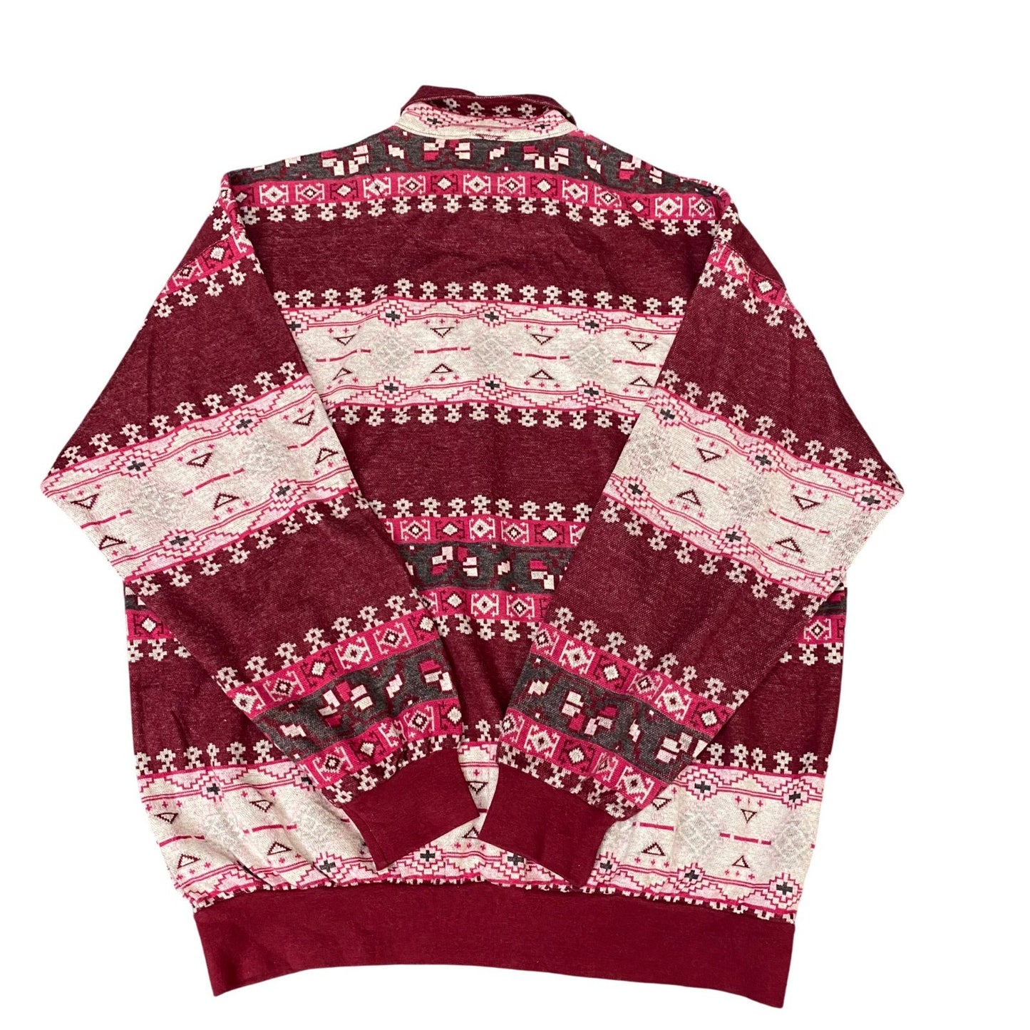 Jumper Mens Large Red Fair Isle Print Long Raglan Sleeve Quarter Zip Pullover