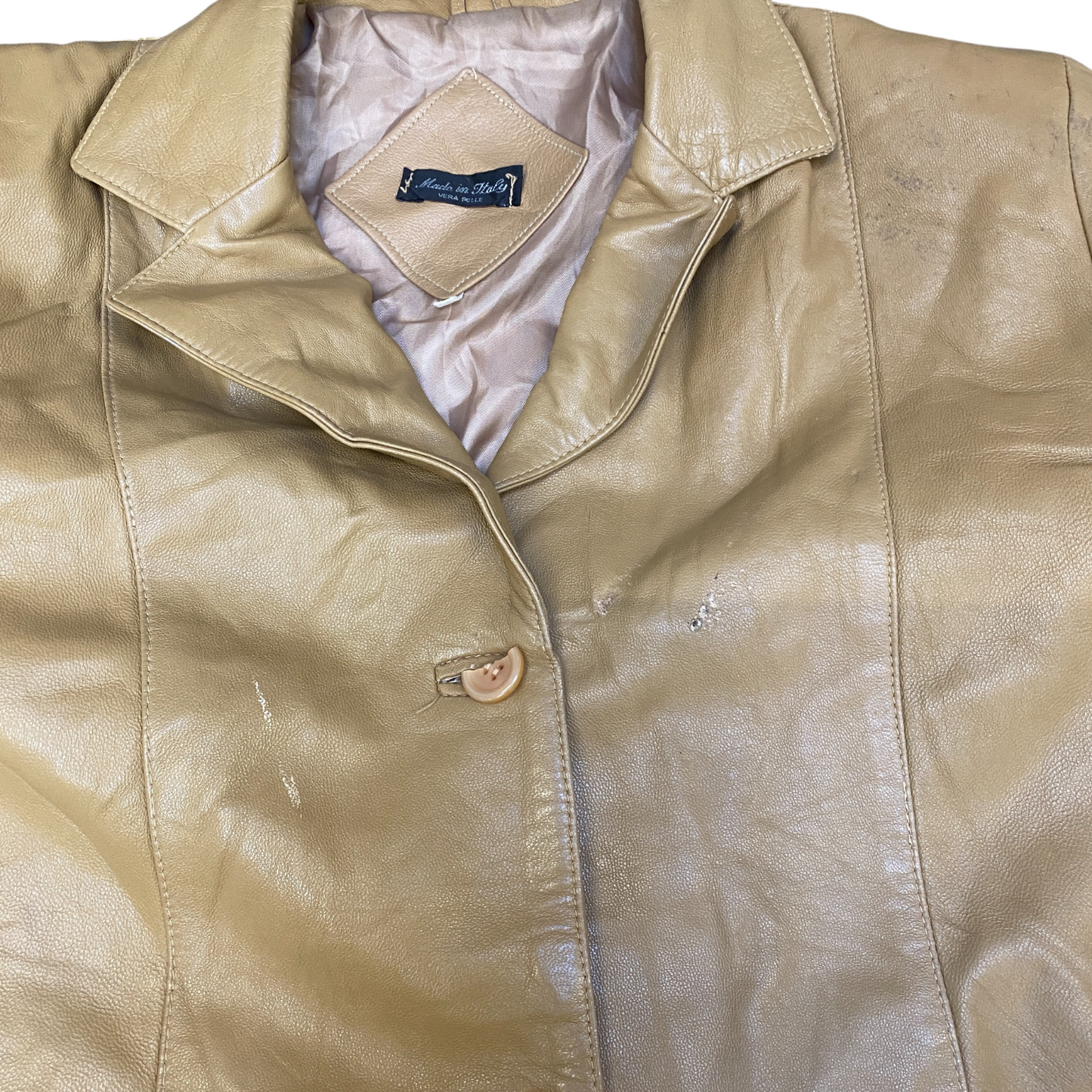 Vera Pelle Leather Blazer Jacket Womens Medium Beige Notch Lapel Single Breasted