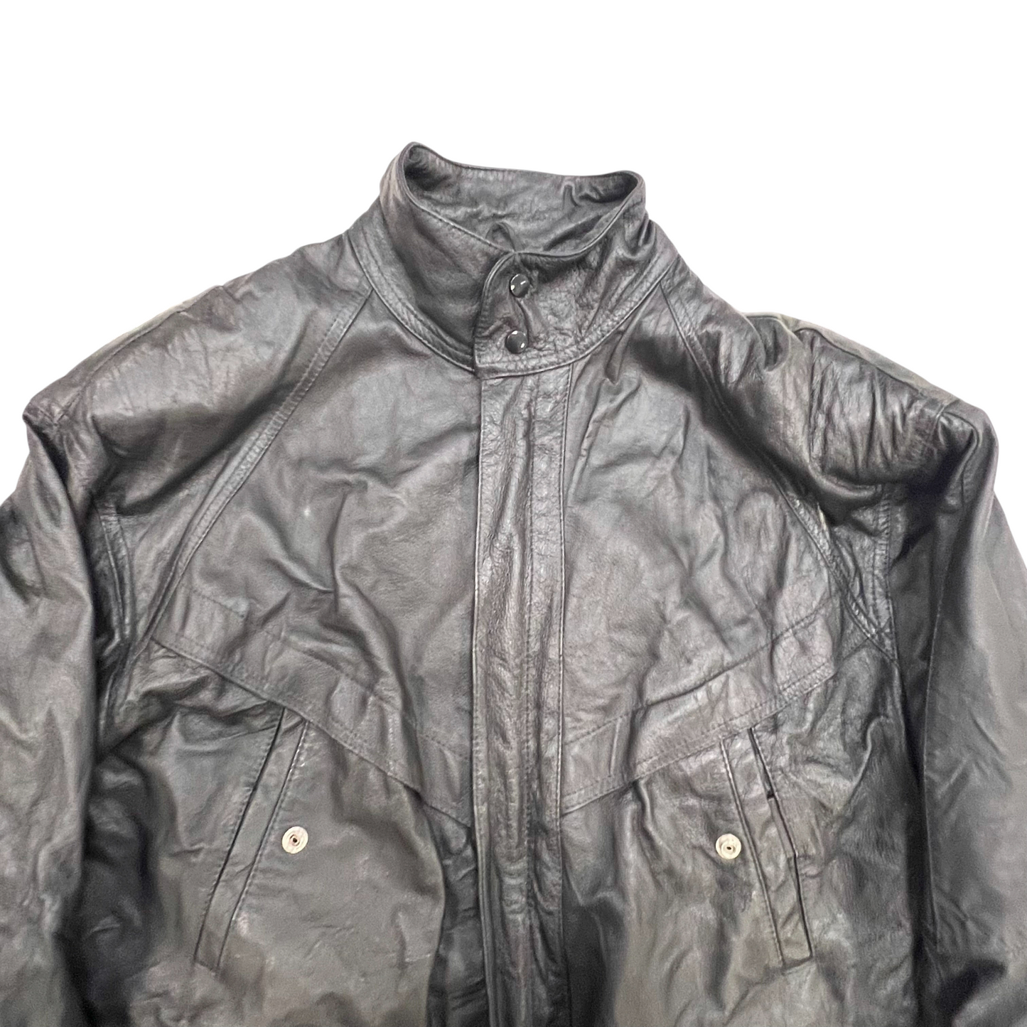 Mens Faux Leather Jacket Medium Black Lined Long Sleeve Snap Button Inside Zip