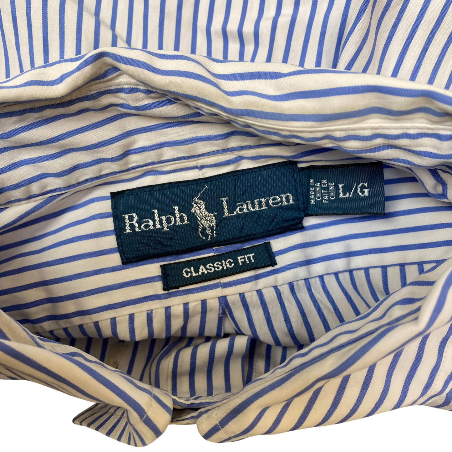 Ralph Lauren Shirt Mens L White Blue Striped Classic Fit Short Sleeve Button Up