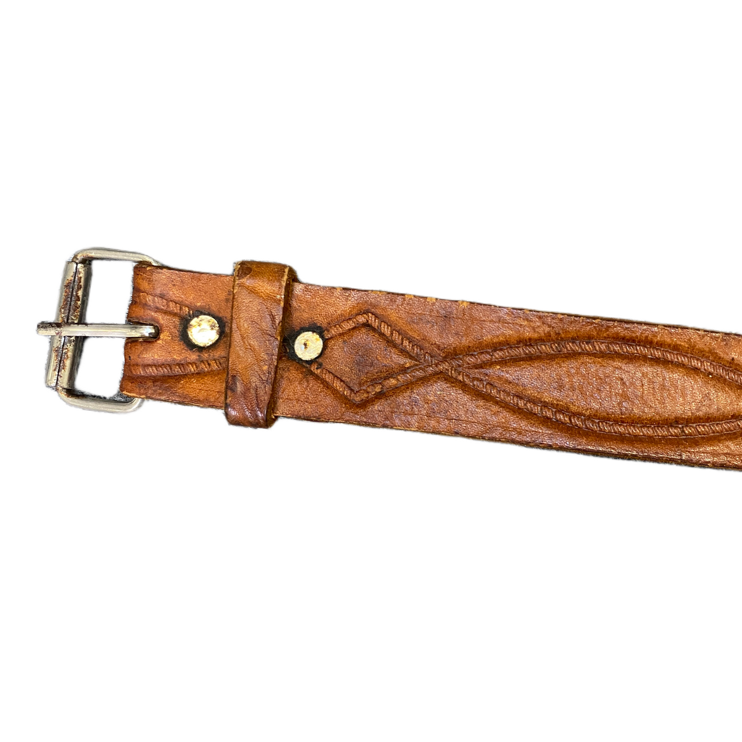 Vintage Waist Belt Men Brown Leather Adjustable Silver Roller Buckle 46 Inches