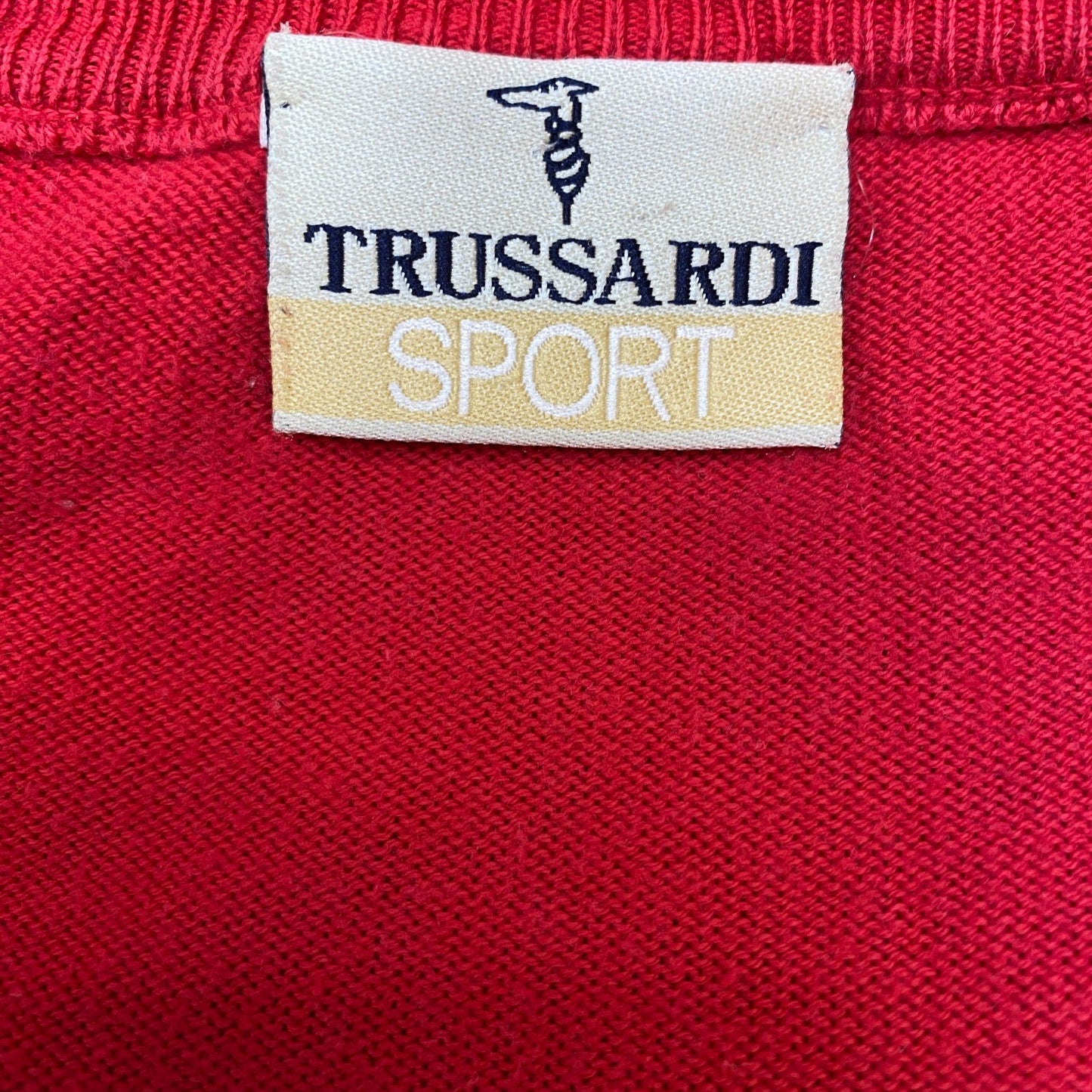 Trussardi Sport Jumper Womens XL Red Knit Embroidered Logo V Neck Pullover