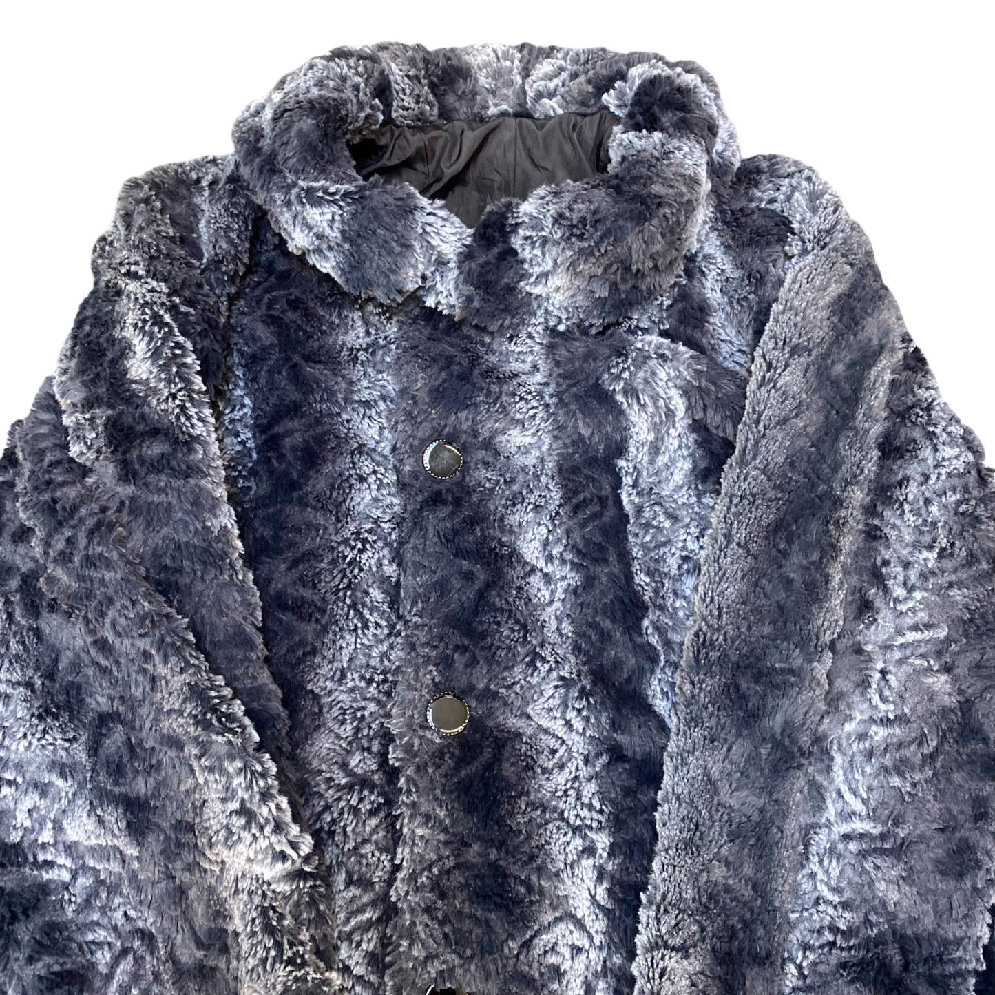 Womens Faux Fur Coat Large Grey White Striped Long Sleeve Collared Button Front