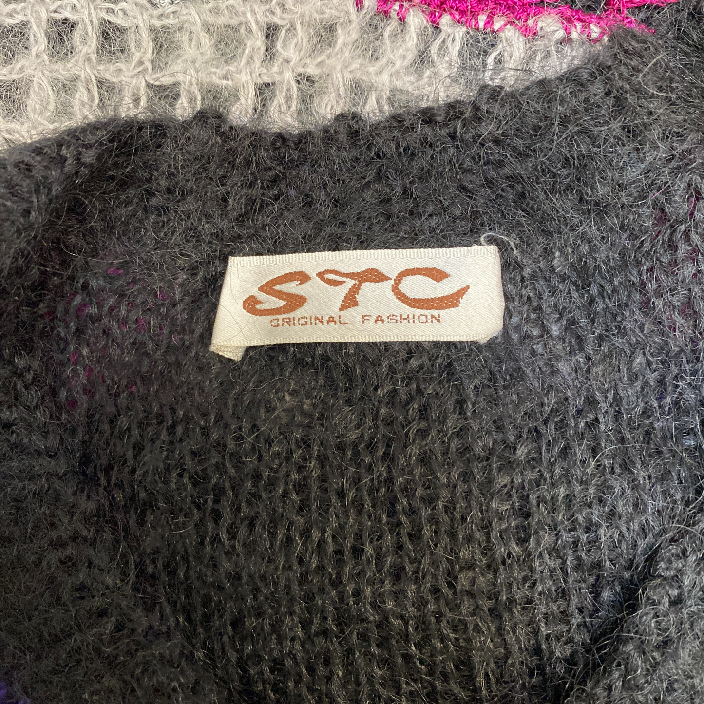 STC Cardigan Jumper Womens Medium Multi Mohair Crochet Granny Knit Button Front