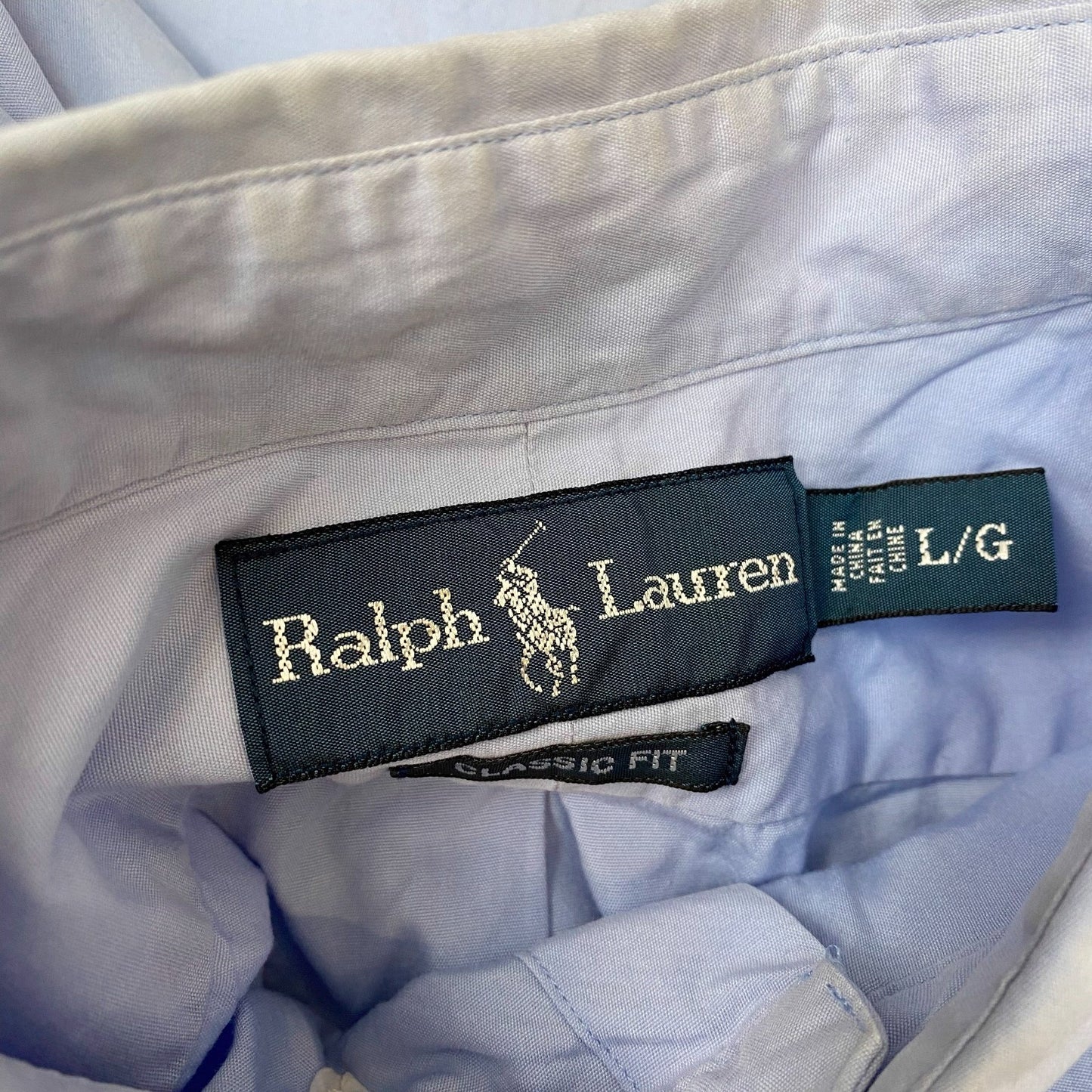 Ralph Lauren Shirt Mens L Blue Classic Fit Short Sleeve Brown Pony Button Down