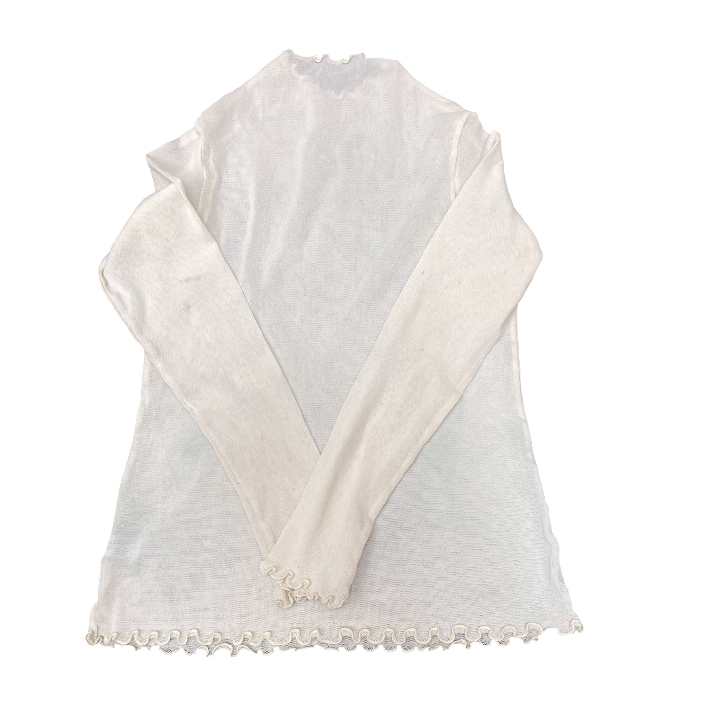 Sheer Top Womens S White Sleeve Mock Neck Lettuce Hem Lightweight Pullover