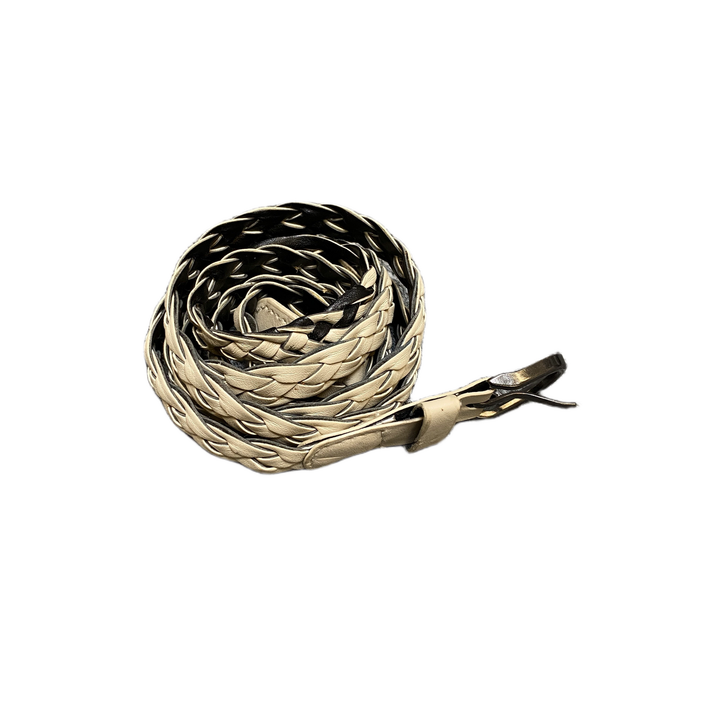 Womens Braided Belt Beige Woven Leather Adjustable D Shape Buckle 53.5 inches