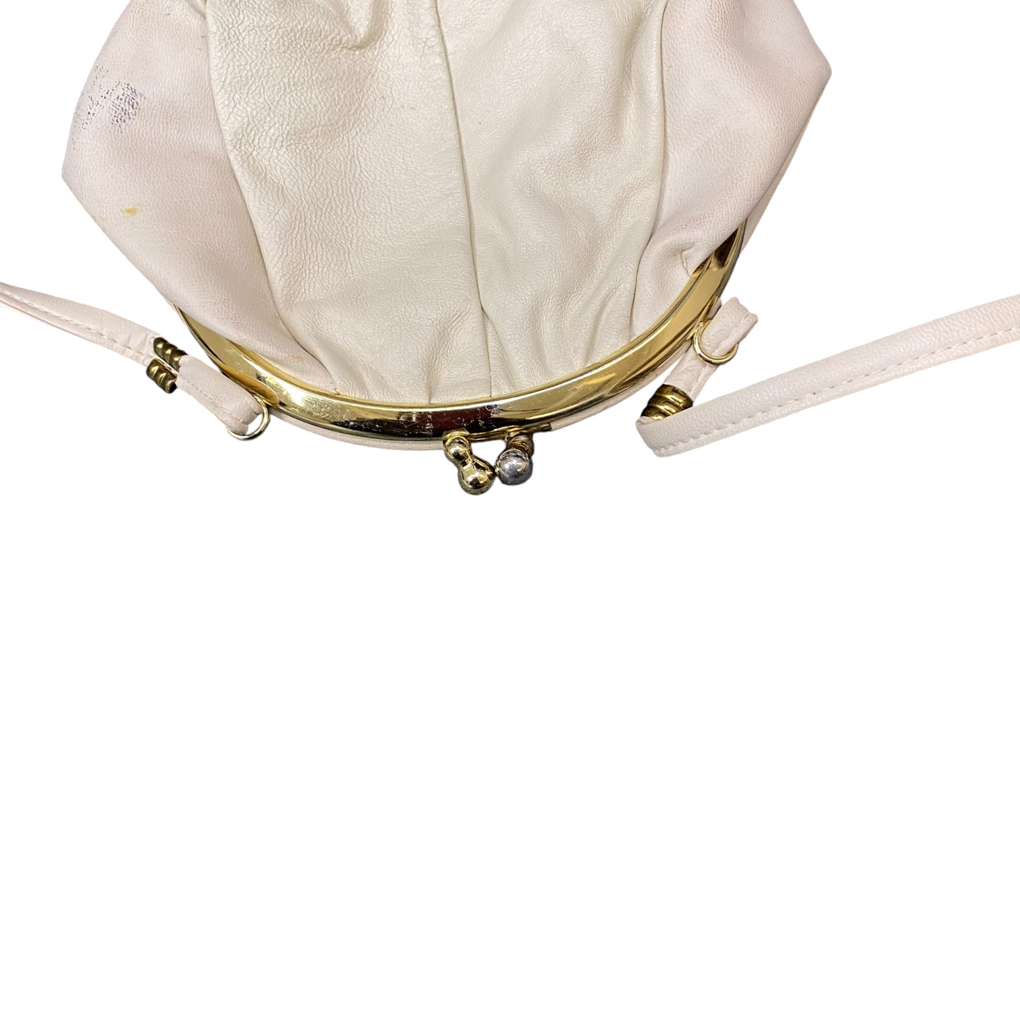 Vintage Womens Crossbody Bag Beige Leather Classic Thin Strap Kisslock Closure