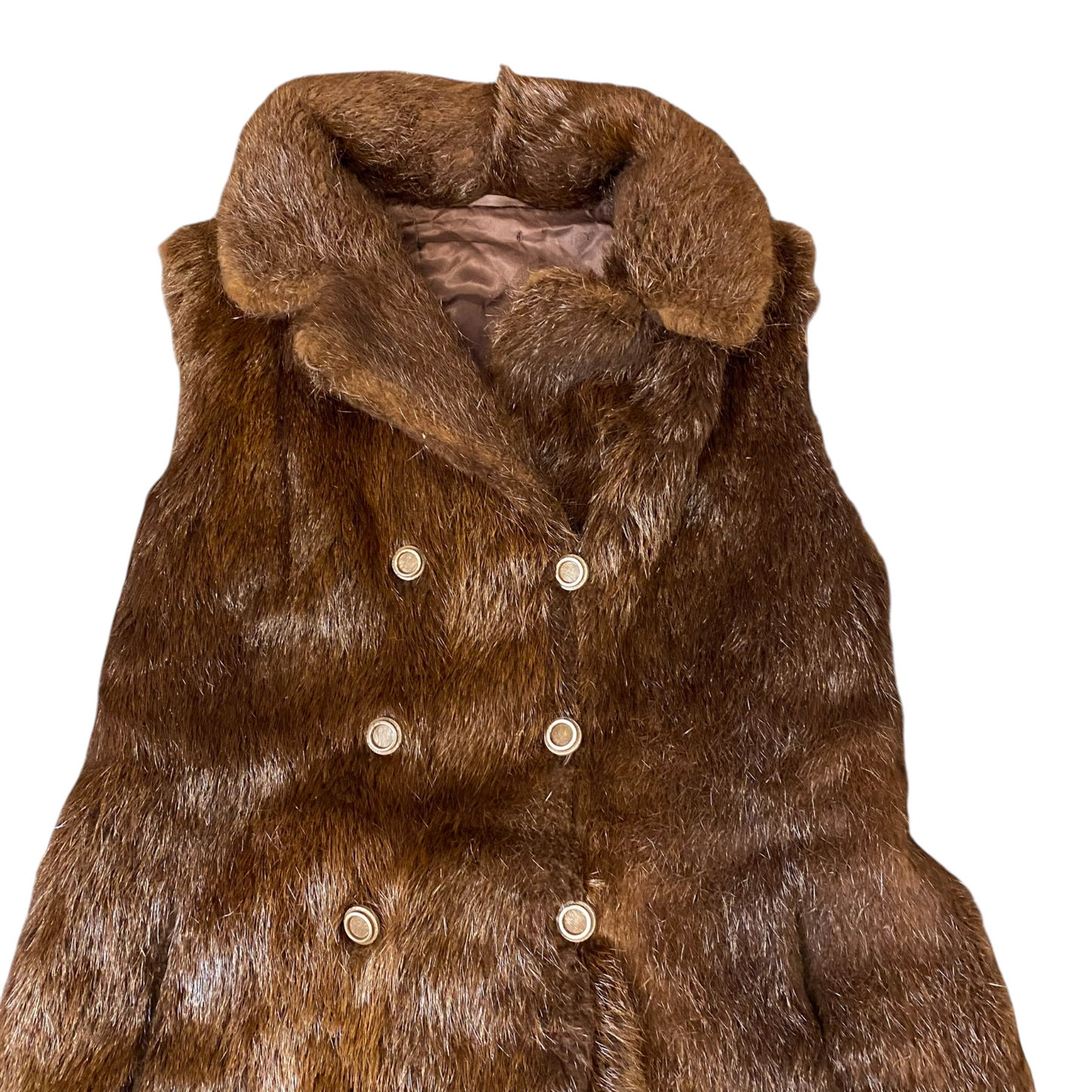 Womens Faux Fur Vest Medium Brown Sleeveless Collared Double Breasted Six Button