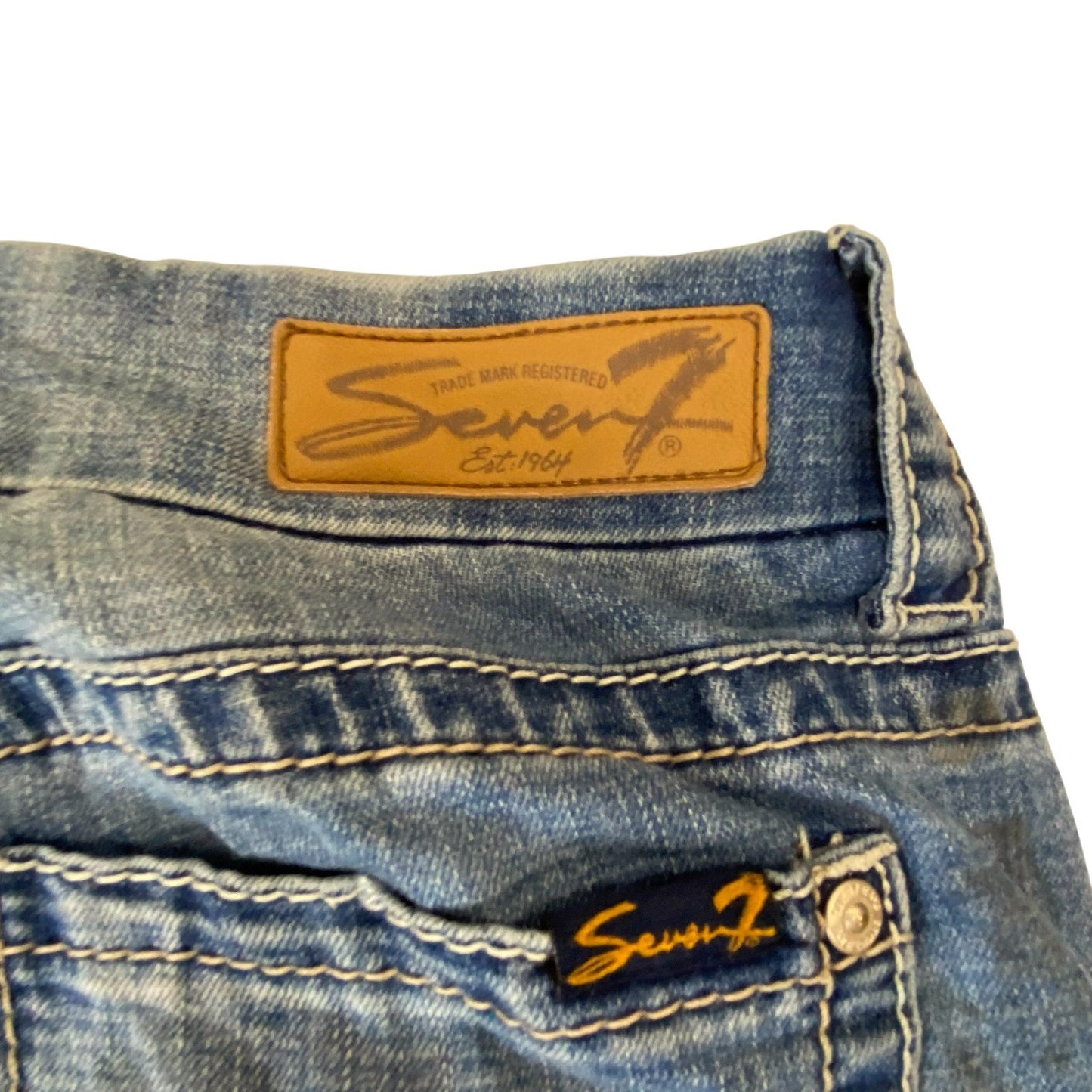 Seven7 Jeans Womens Large W31 L30 Blue Denim Bootcut Faded Flat Front Outdoor