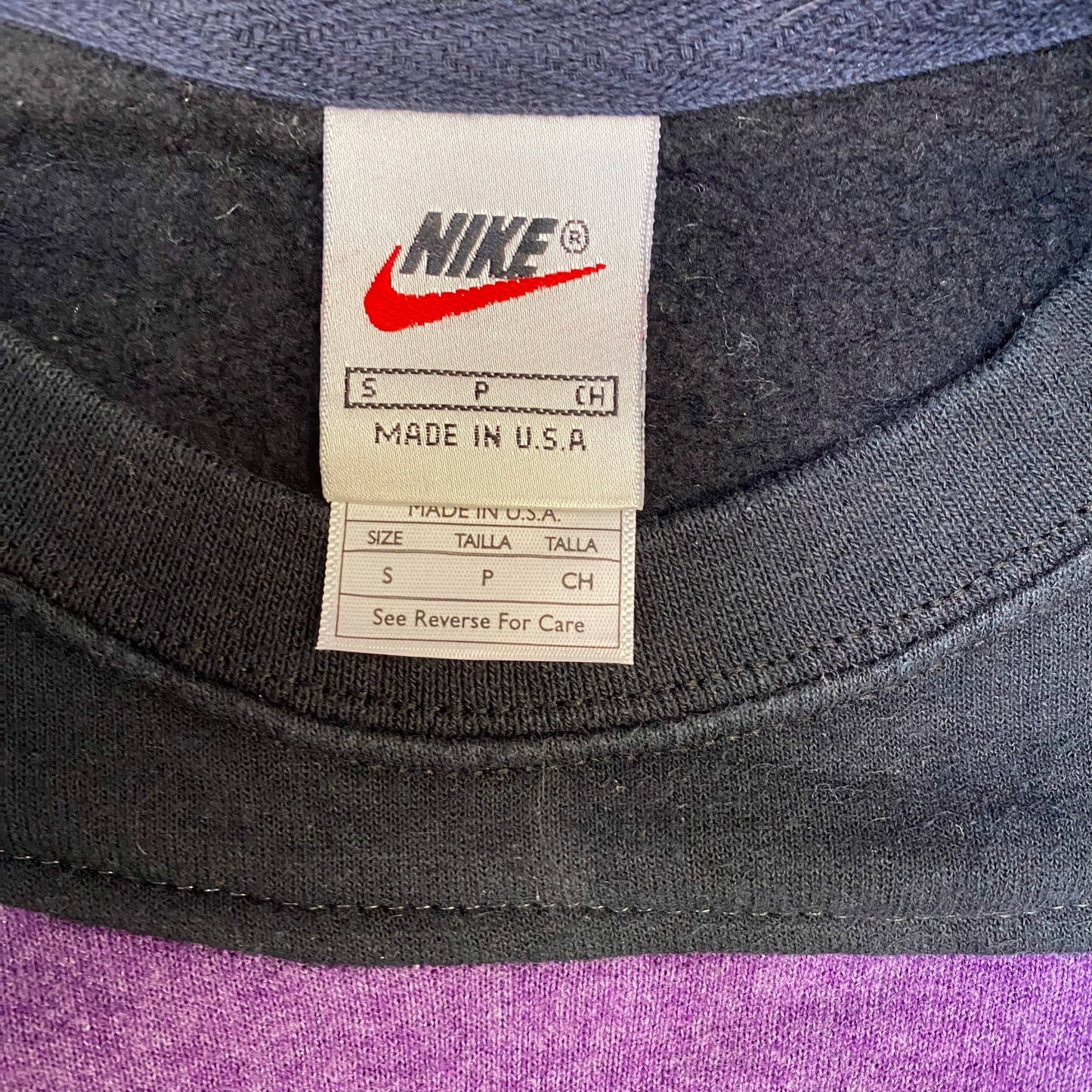 Nike Reworked Sweatshirt Mens Small Purple Black Embroidered Spell Out Logo Y2K