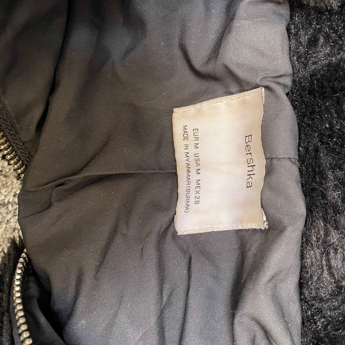 Bershka Faux Fur Hooded Jacket Womens Medium Black Cropped Long Sleeve Full Zip