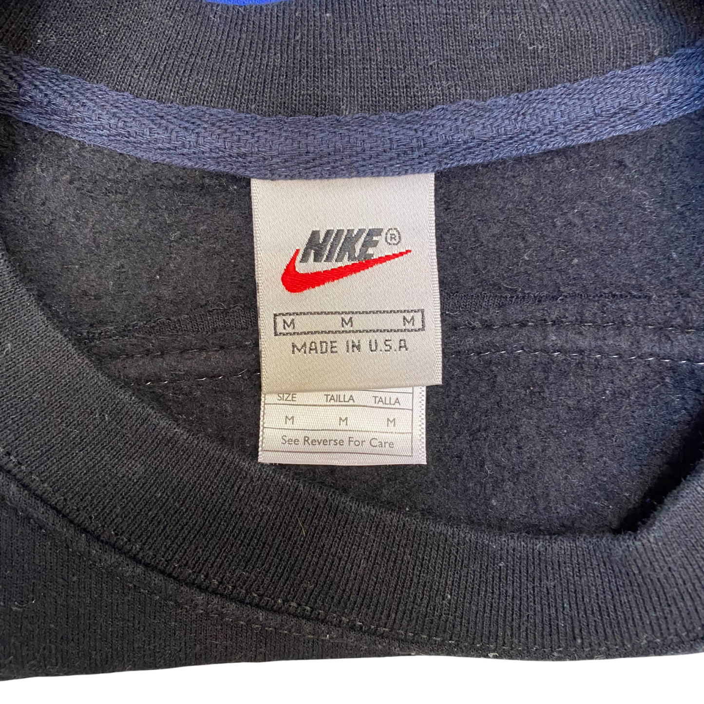 Nike Reworked Sweatshirt Mens Medium Blue Black Embroidered Spell Out Logo