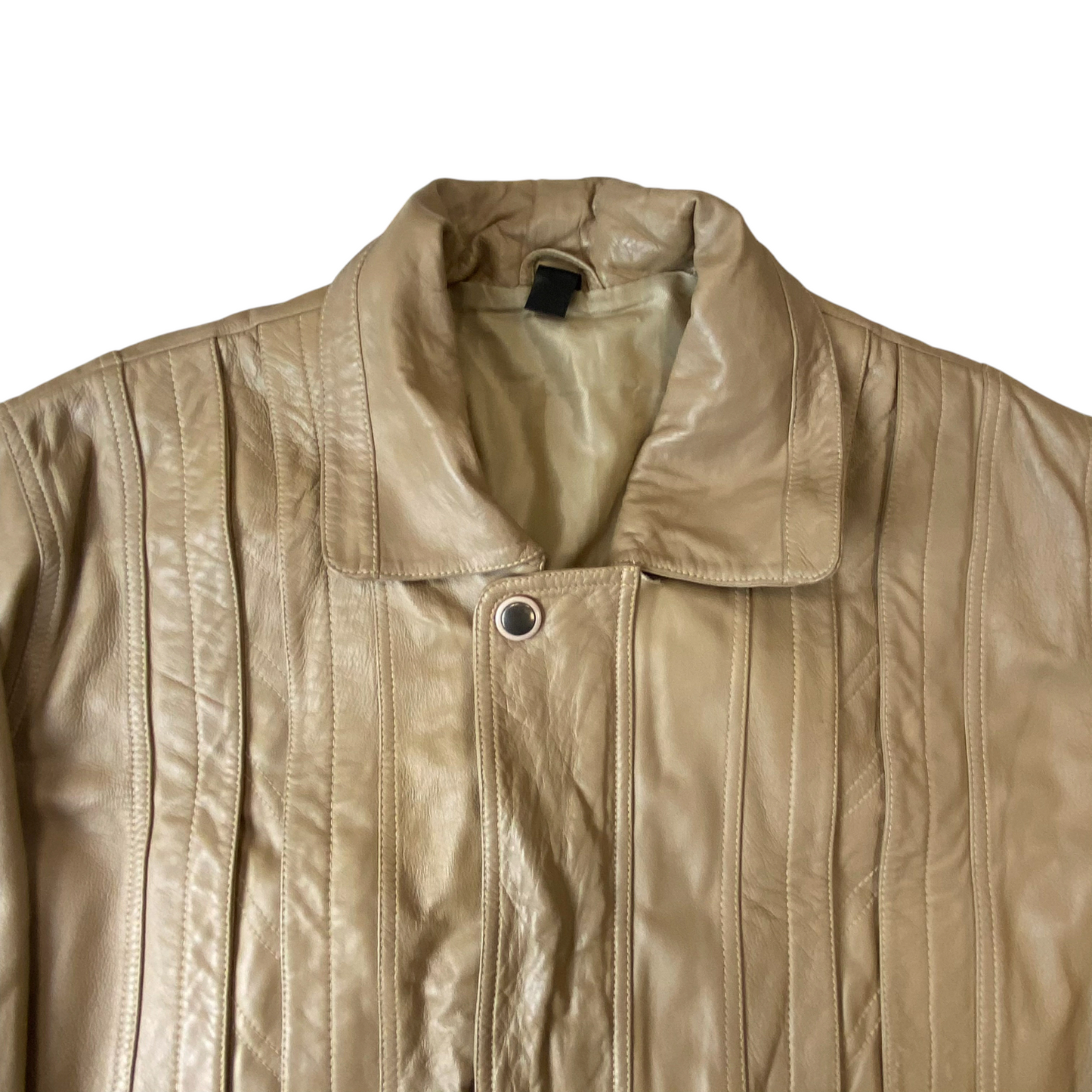 Mens Faux Leather Jacket Medium Beige Lined Collared Button Front Inside Zip