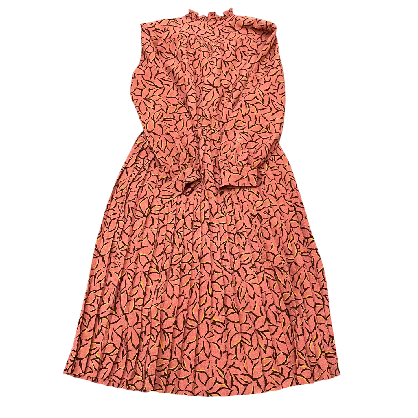 Womens Maxi Dress S Pink Geometric Pleated Ruffle Trim Long Sleeve Button Front