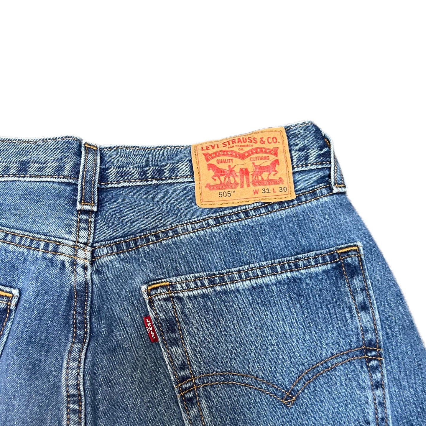 Levi's 505 Jean Shorts Fits as Women Large 31" Waist Blue Denim Stretch Red Tab