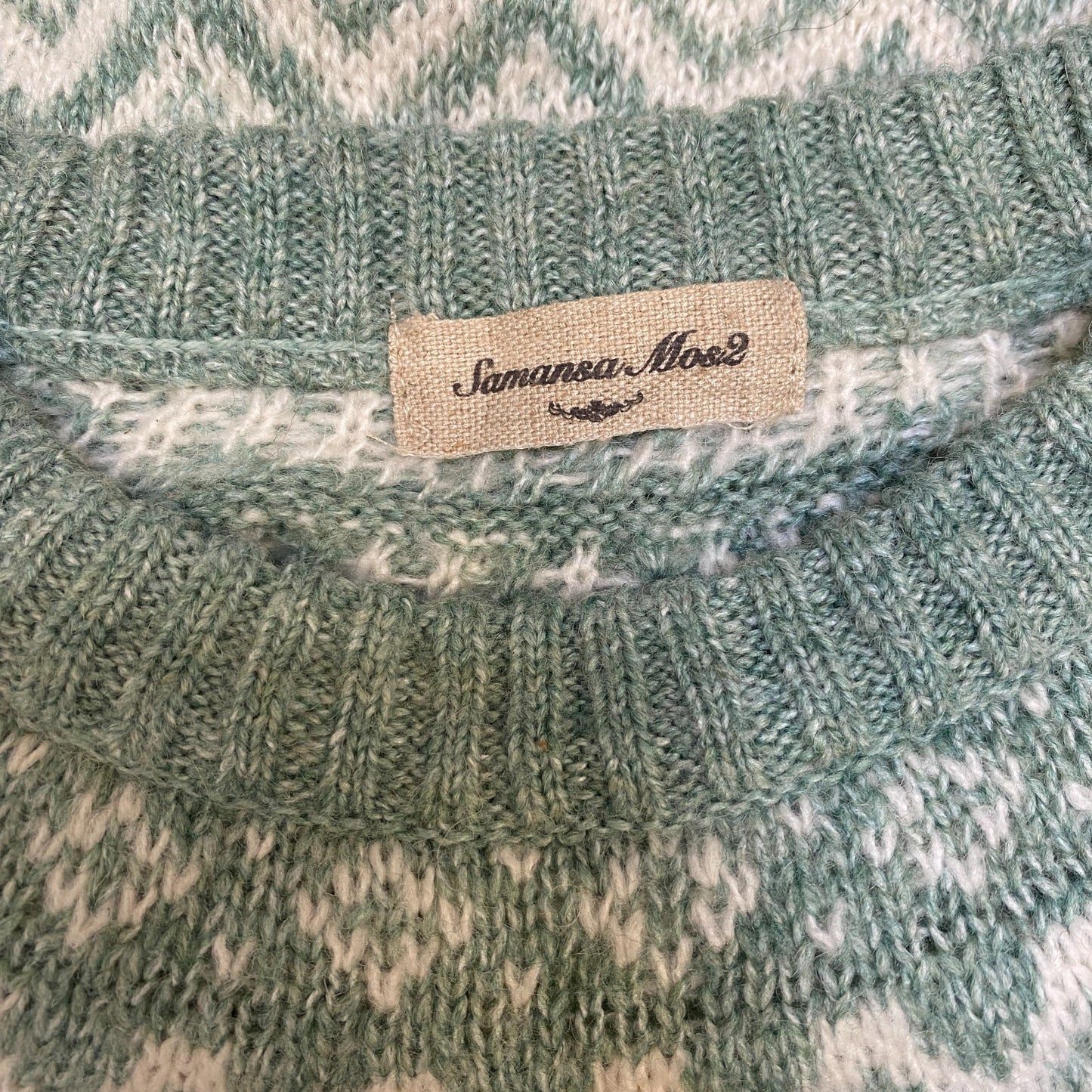 Samansa Mos2 Jumper Womens Medium Green White Fair Isle Long Sleeve Crewneck
