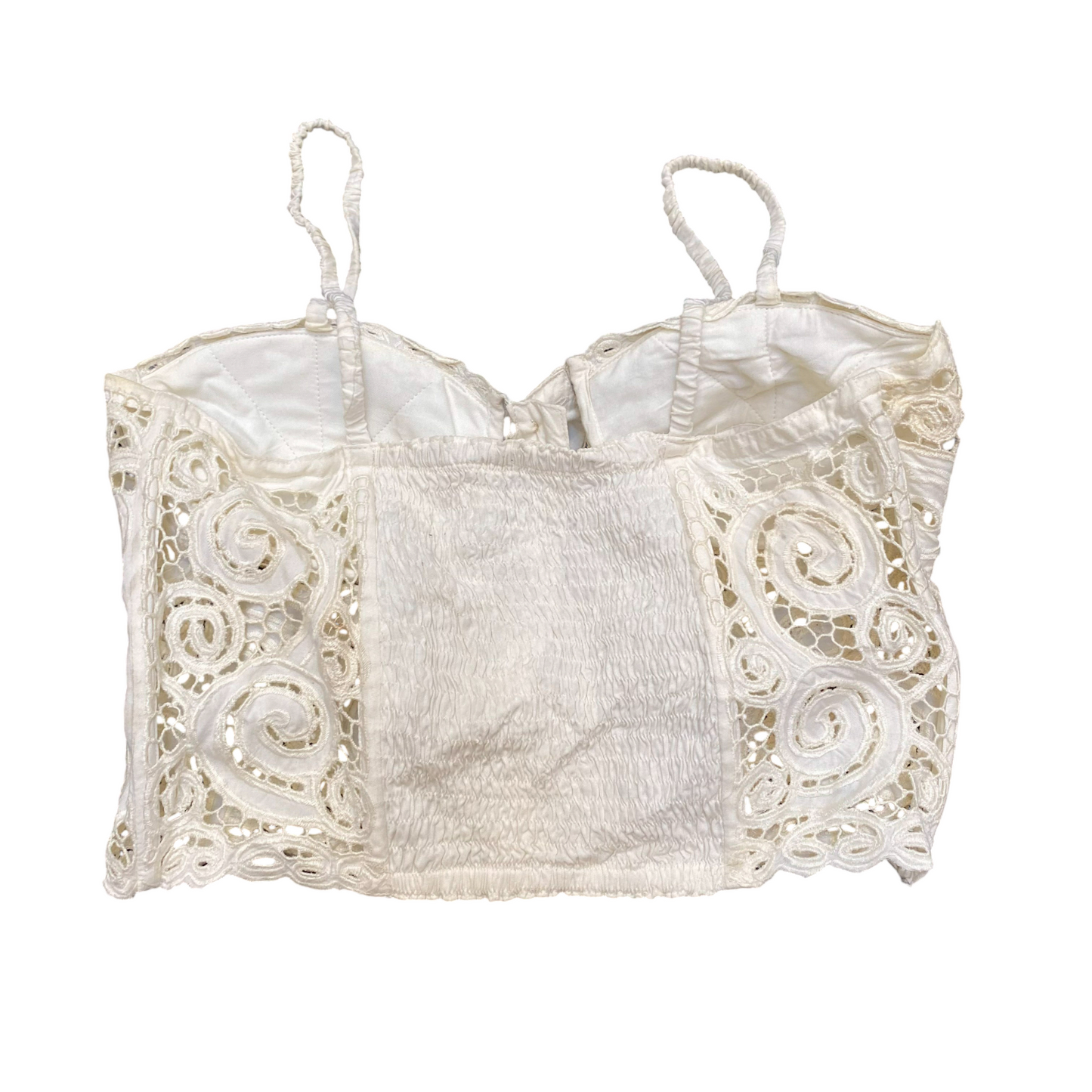 Womens Bustier Crop Top S White Lace Floral Padded Spaghetti Straps Button Front