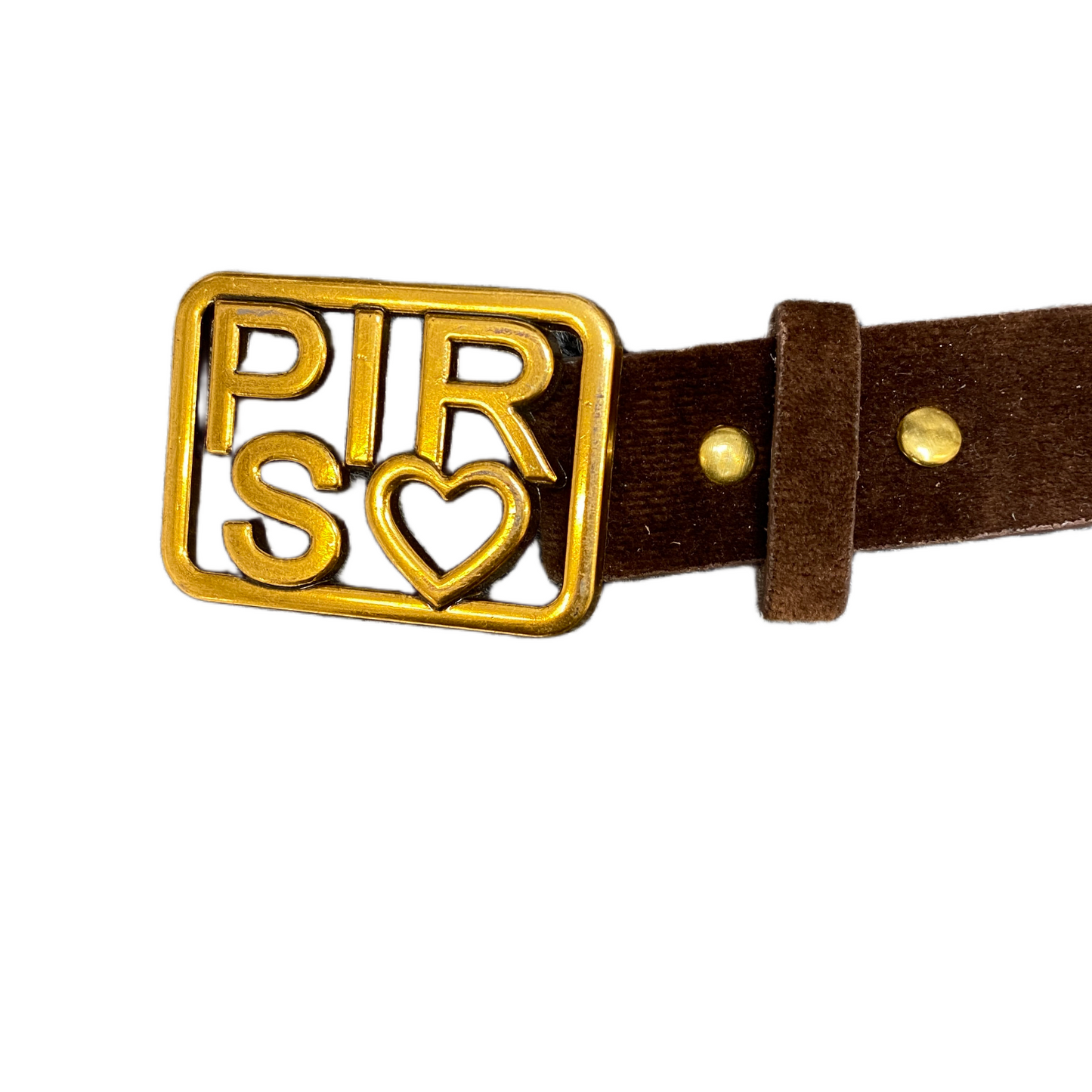 Mens Waist Belt Brown Leather Adjustable Gold Tone PLRS Heart Buckle 41.5 inches