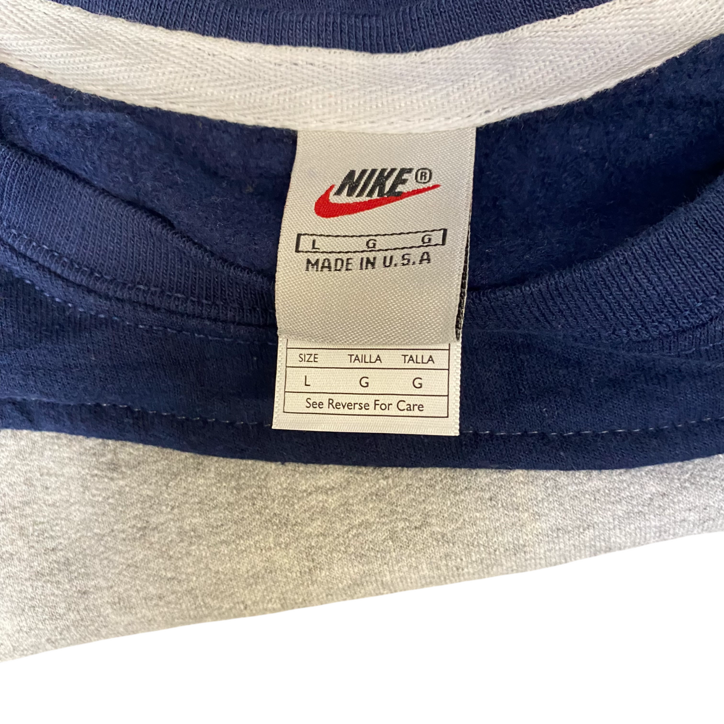 A515 Nike Reworked Sweatshirt Mens Large Navy Grey Embroidered Spellout Logo Vtg