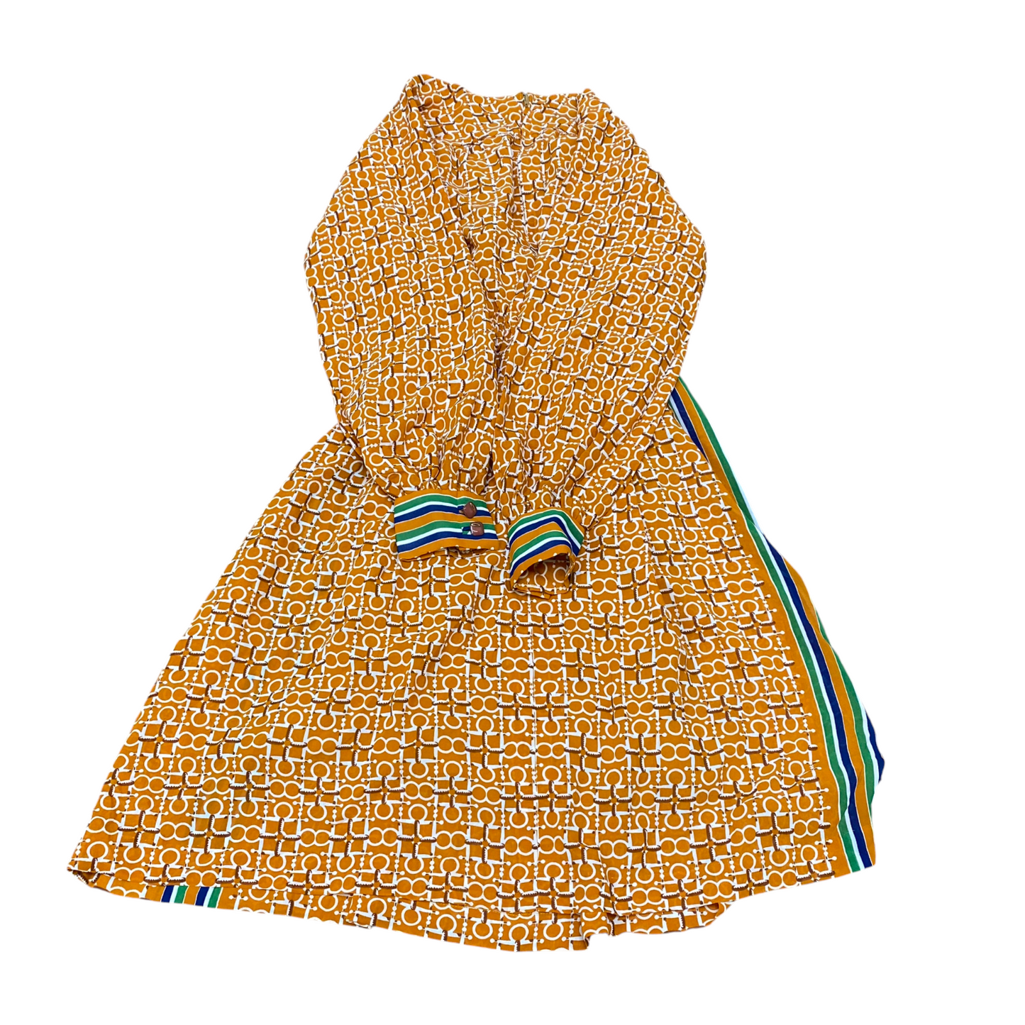 Womens Midi Dress S Yellow Geometric Long Sleeve Boat Neck Back Zip Outdoor