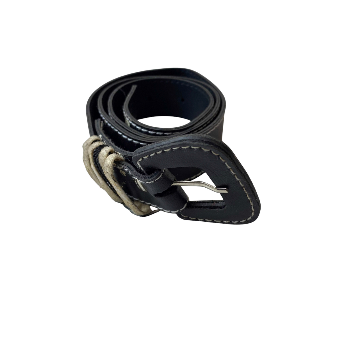 Mens Waist Belt Black Leather White Stitch Adjustable Pin Buckle Size 32.25 in