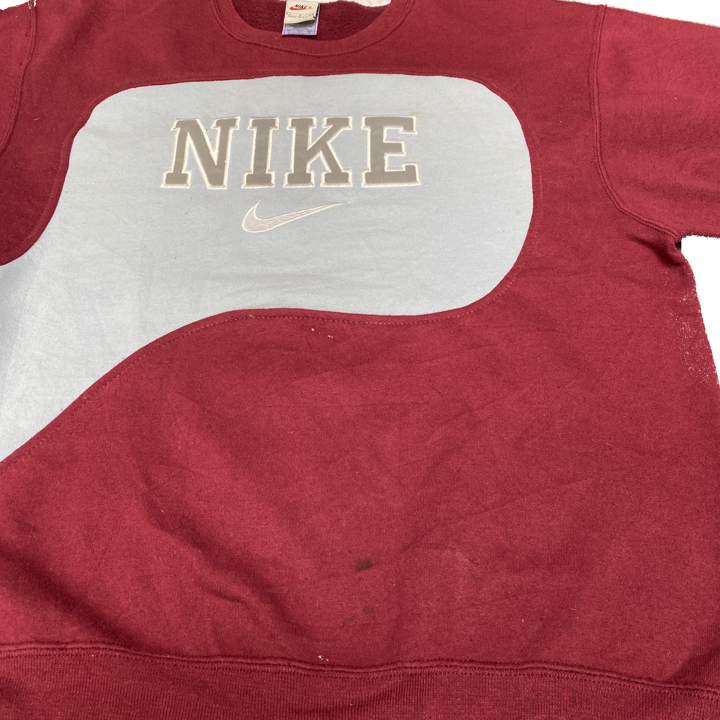 Nike Reworked Sweatshirt Men L Maroon Blue Embroidered Spellout Logo Vintage Y2K