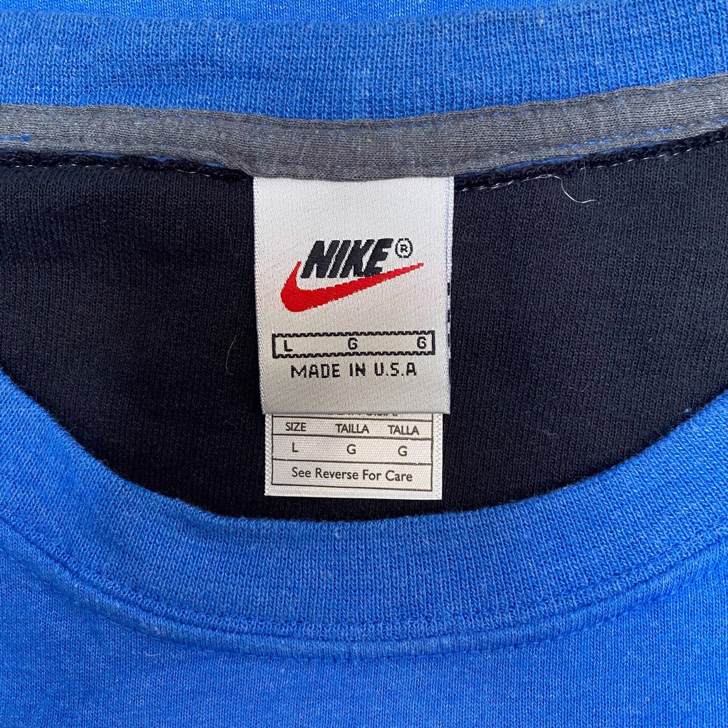 Nike Reworked Sweatshirt Mens L Blue Black Embroidered Spell Out Logo Crew Neck