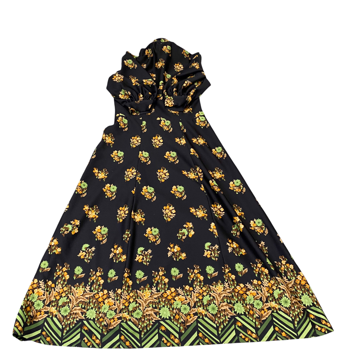 Long Maxi Dress Womens S Black Golden Floral Balloon Sleeve V-Neck Side Zipper