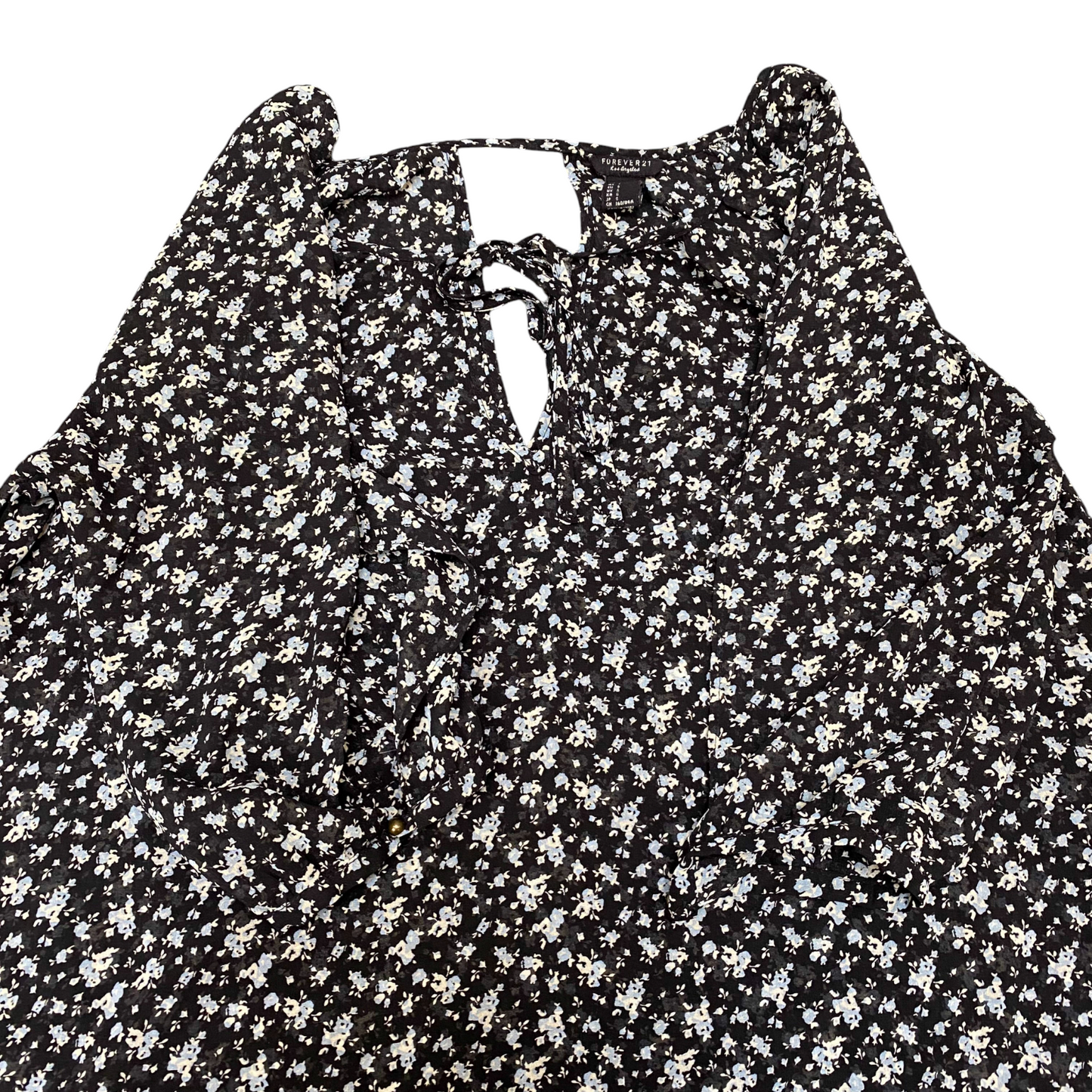 FOREVER 21 Blouse Top Womens S Black Ditsy Floral Long Sleeve Keyhole Pullover