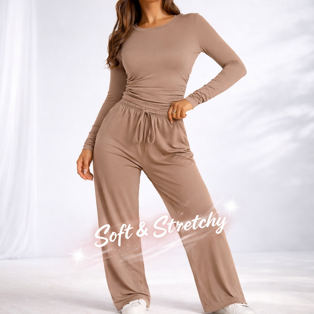Women’s Soft Stretch Lounge Set | Long Sleeve Ruched Top & Wide Leg Joggers | Comfy 2 Piece Tracksuit
