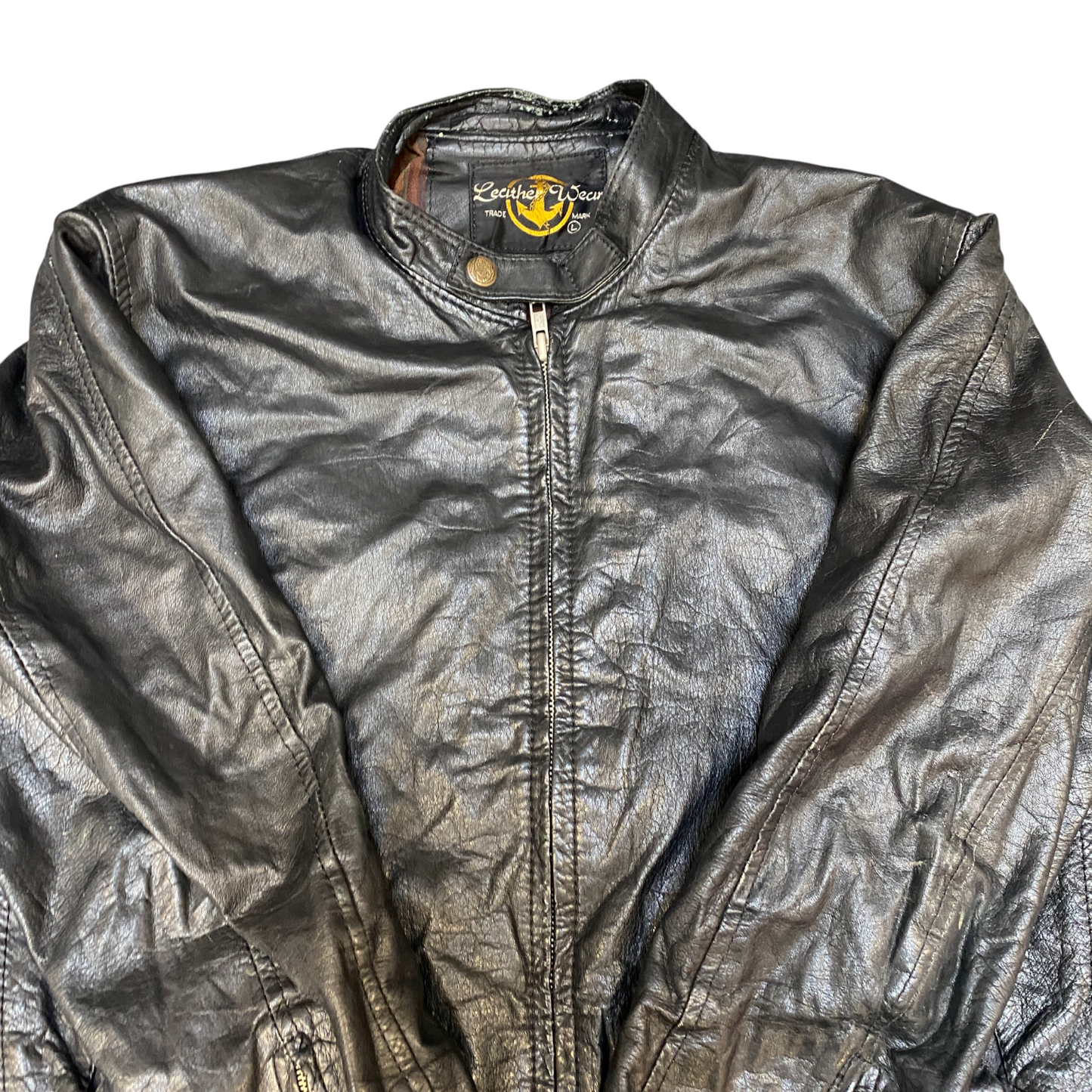 Leather Wear Biker Jacket Mens L Black Classic Long Sleeve Band Collar Full Zip