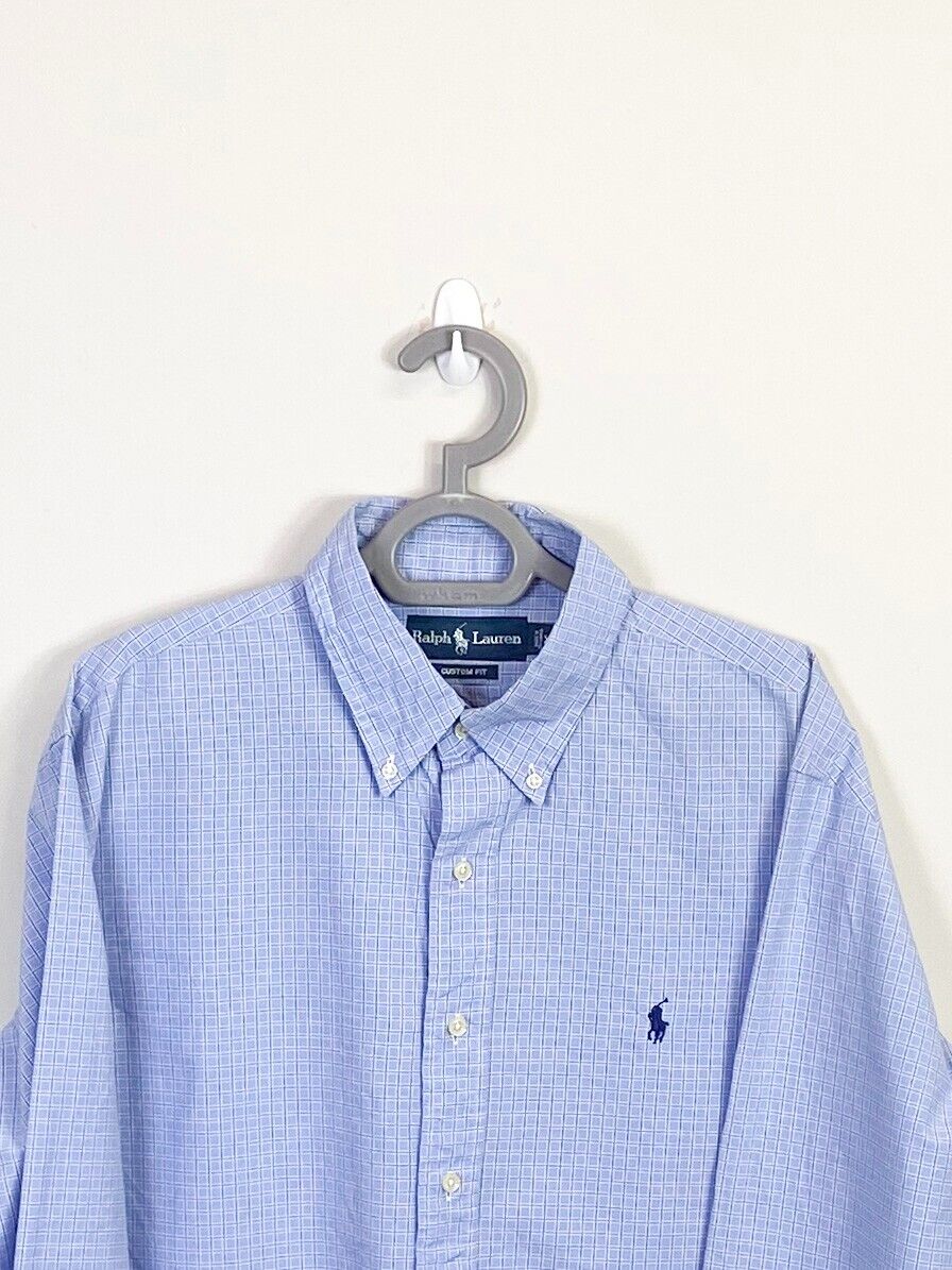 Ralph Lauren Shirt Mens XL Blue Checkered Custom Fit Small Blue Polo Pony Logo