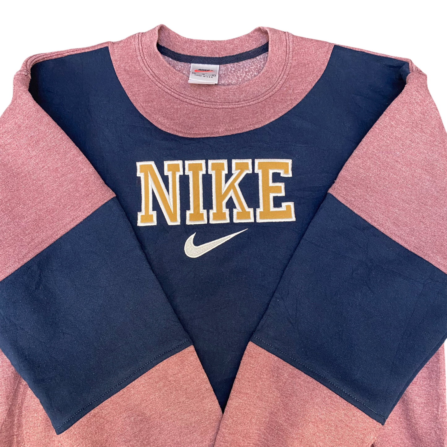 Nike Reworked Sweatshirt Mens Medium Brown Blue Embroidered Spell Out Logo