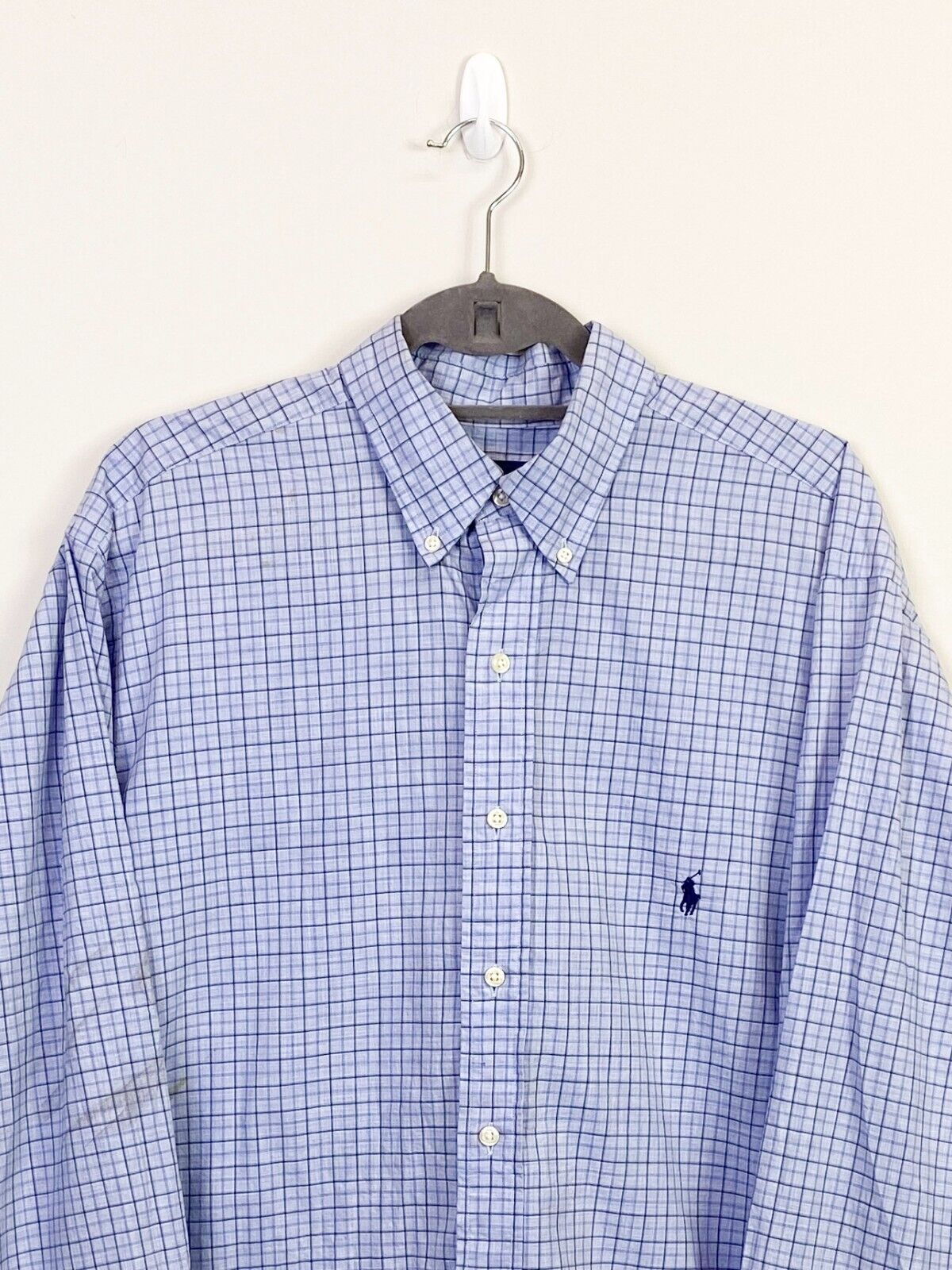 Ralph Lauren Shirt Men's LT Blue White Checkered 100% Cotton Stretch Button-Down