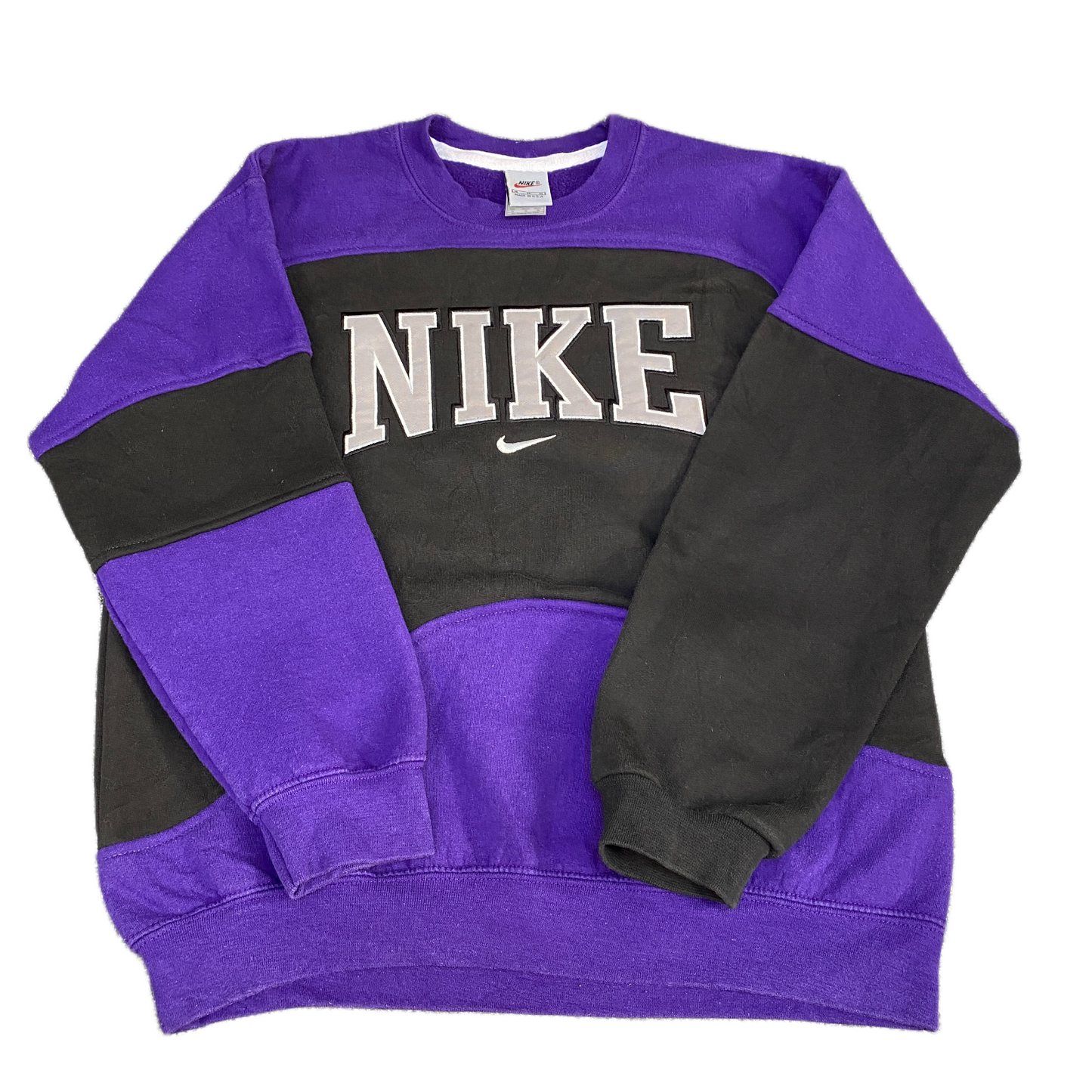 Nike Reworked Sweatshirt Mens M Black Purple Embroidered Spellout Logo Vtg Y2K