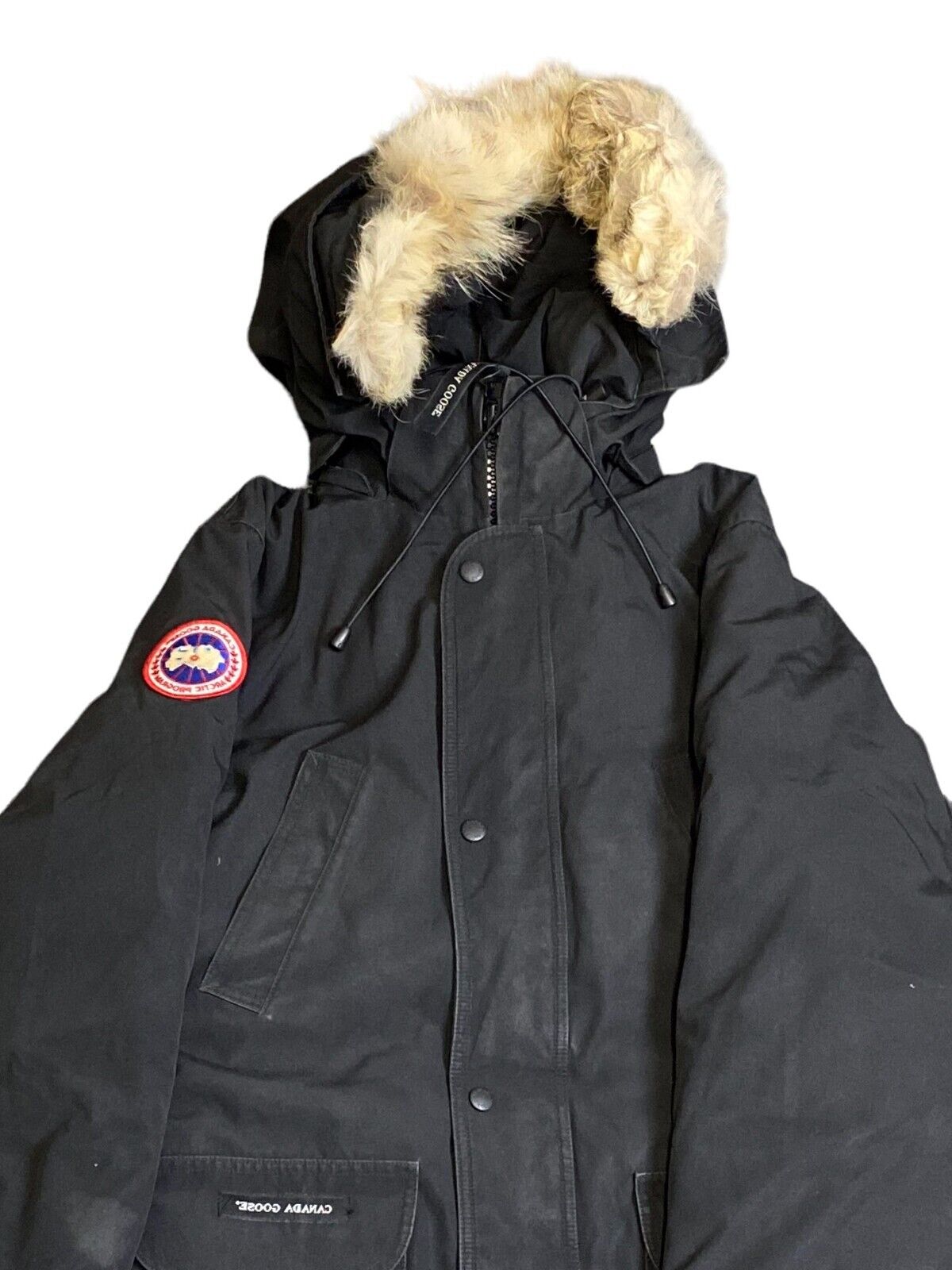 Canada Goose Parka Jacket Men's M Black Fur Hooded Long Sleeve Button Front