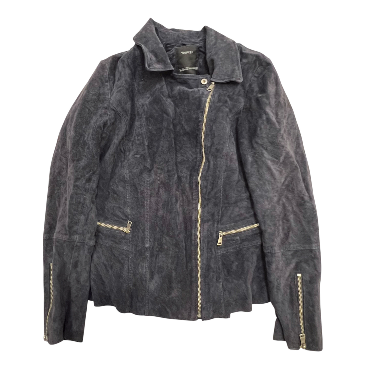 Yessica C&A Suede Leather Biker Jacket Womens M Navy Collared Asymmetrical Zip