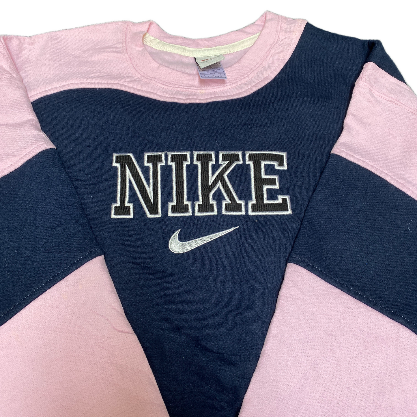 Nike Reworked Sweatshirt Mens L Blue Pink Embroidered Spellout Logo Vintage Y2K