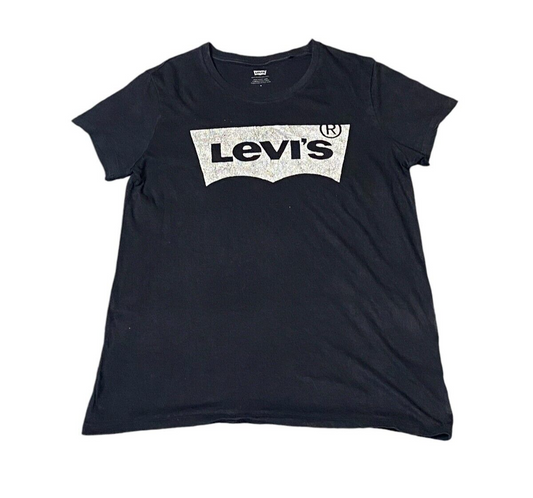 Levi's T-Shirt Top Women's Medium Black Spell Out Logo Round Neck Pullover Tee