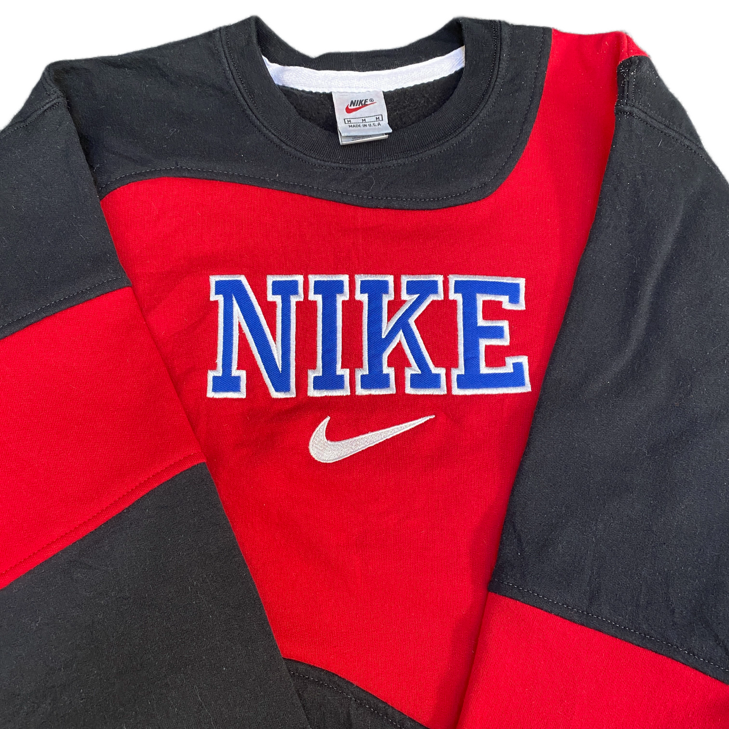 Nike Reworked Sweatshirt Mens M Red Black Embroidered Spellout Logo Vintage Y2K