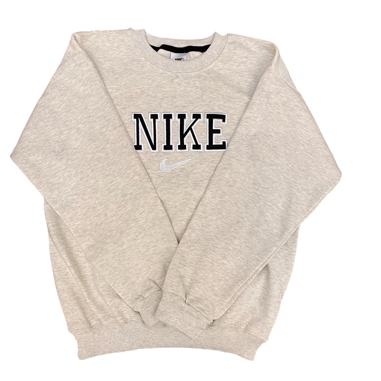 Nike Reworked Sweatshirt Mens M Grey Heather Embroidered Spellout Logo Crew Neck