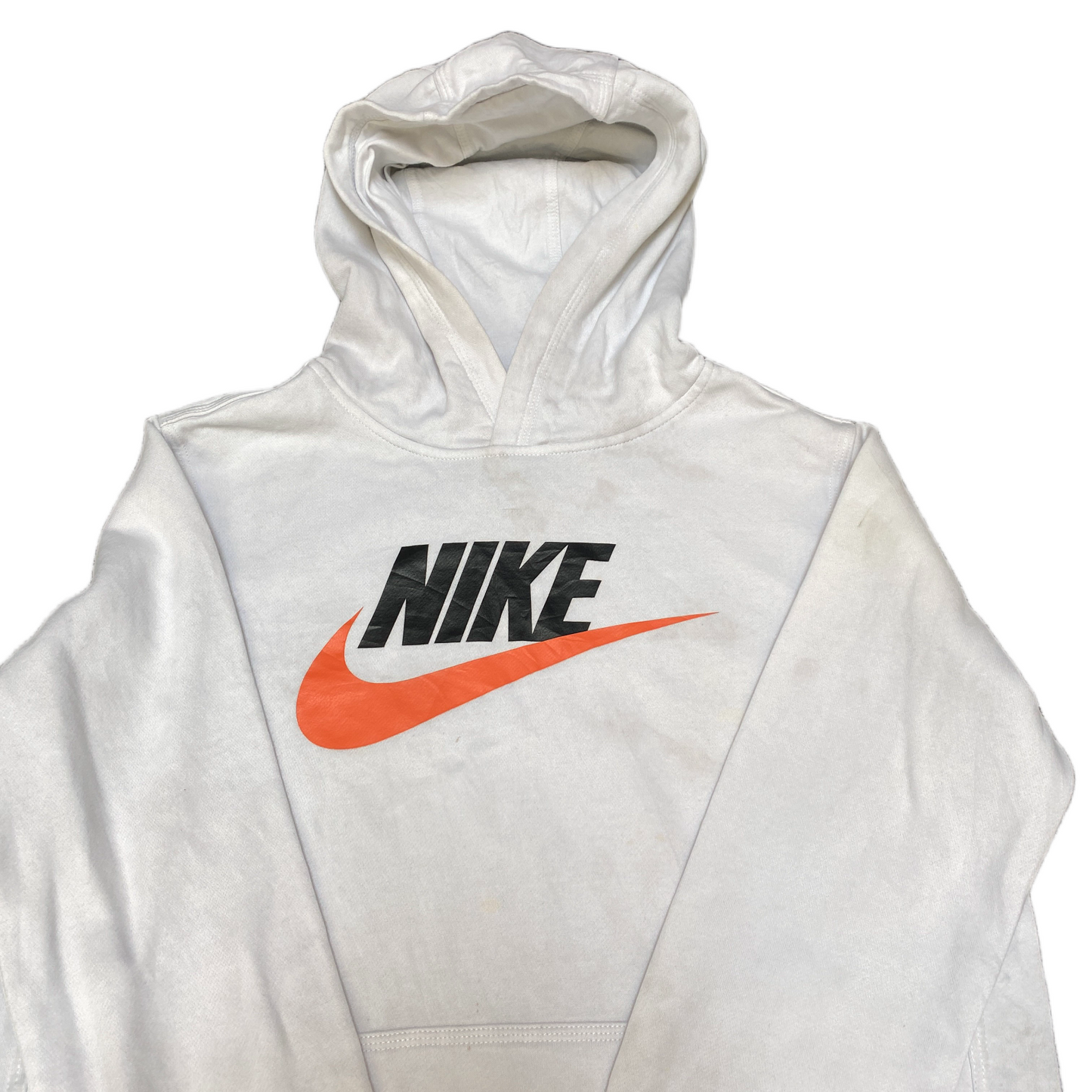 Nike Hoodie Womens Medium White Graphic Fleece Lined Standard Fit Raglan Sleeve
