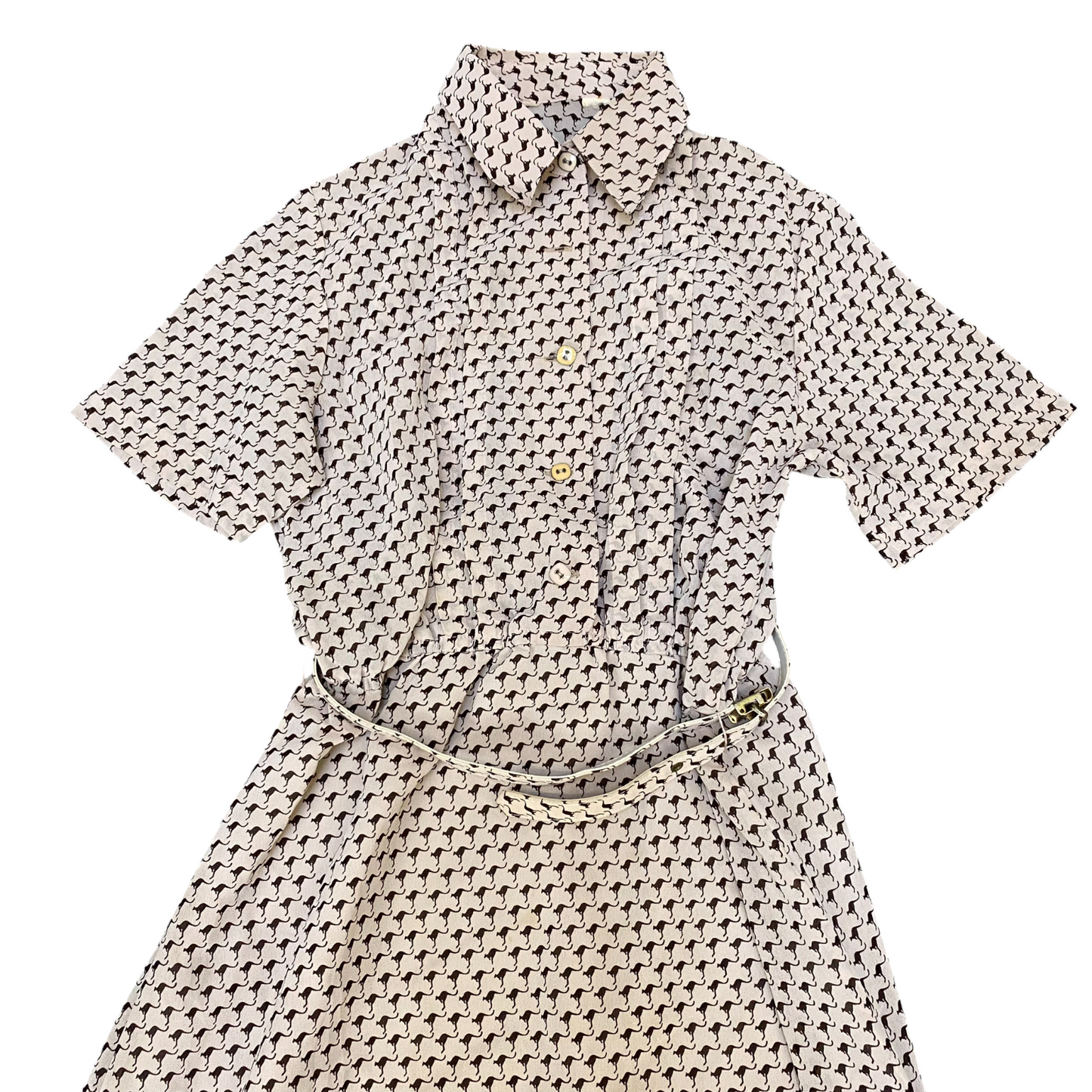 A-Line Midi Dress Womens S Brown Allover Kangaroo Print Belted Short Sleeve