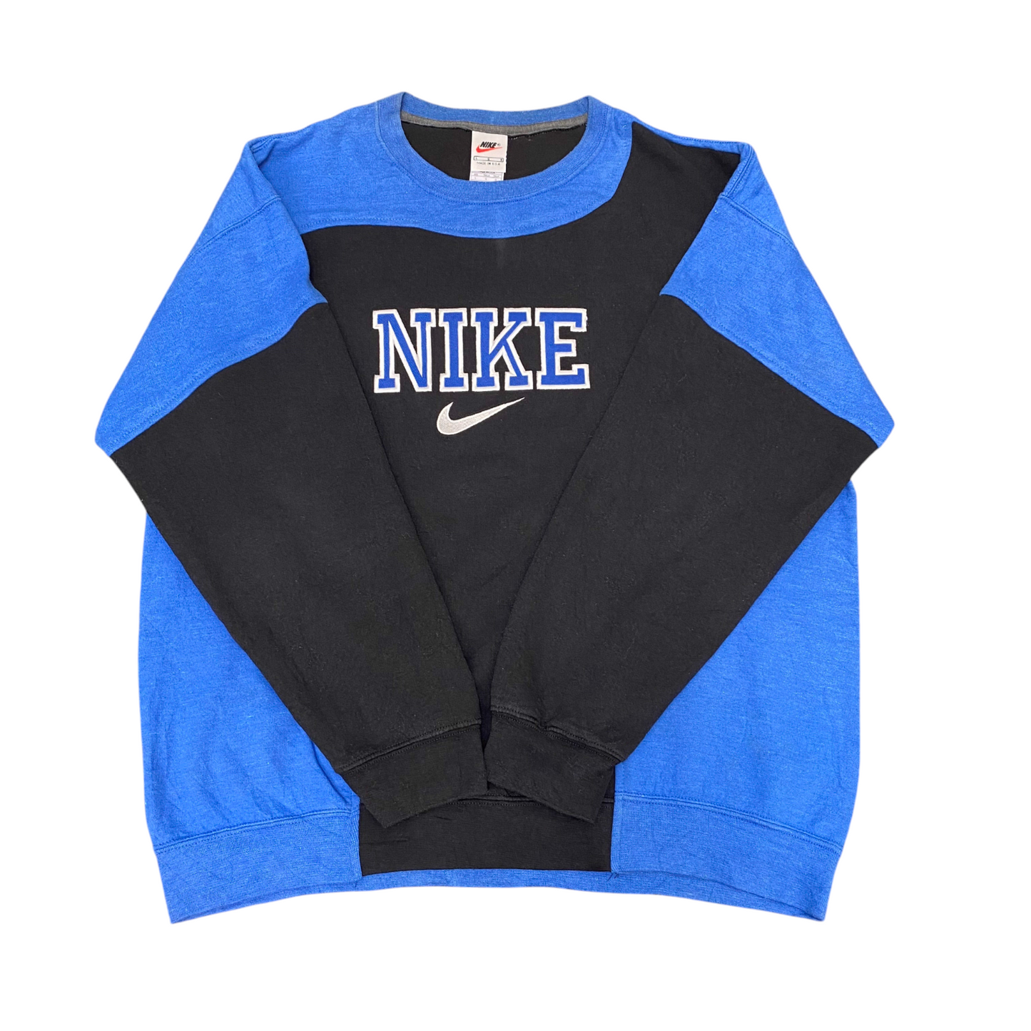 Nike Reworked Sweatshirt Mens L Blue Black Embroidered Spell Out Logo Crew Neck