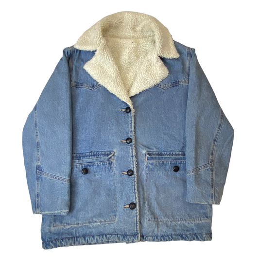 Womens Rancher Coat L Blue Denim Western Sherpa Lined Notch Collar Button Front