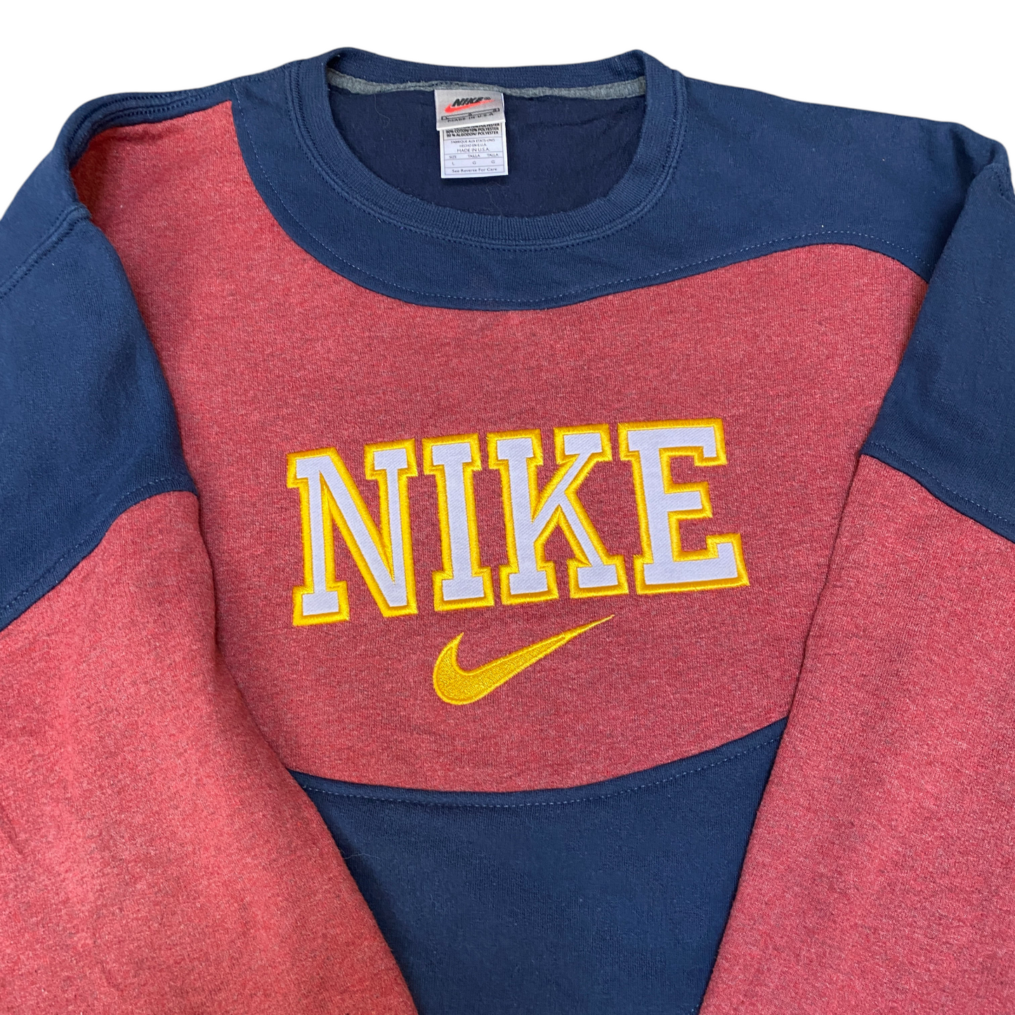 Nike Reworked Sweatshirt Mens L Navy Red Embroidered Spellout Logo Vintage Y2K